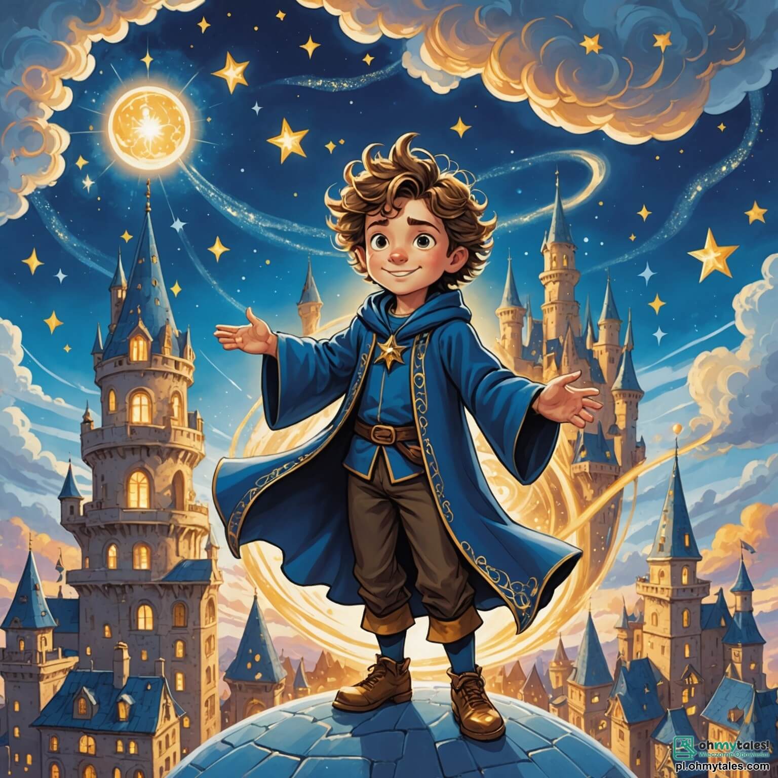 Une illustration destinée aux enfants représentant un jeune apprenti sorcier aux cheveux ébouriffés, vêtu d'une robe de velours bleu ornée d'étoiles scintillantes, se tenant sur le toit d'une majestueuse académie de magie, entourée de tours en spirale et de nuages cotonneux, tandis qu'à ses côtés, sa meilleure amie, une intrépide fille aux couettes dorées, rit aux éclats, tous deux prêts à s'envoler vers des aventures ensorcelantes et amusantes.