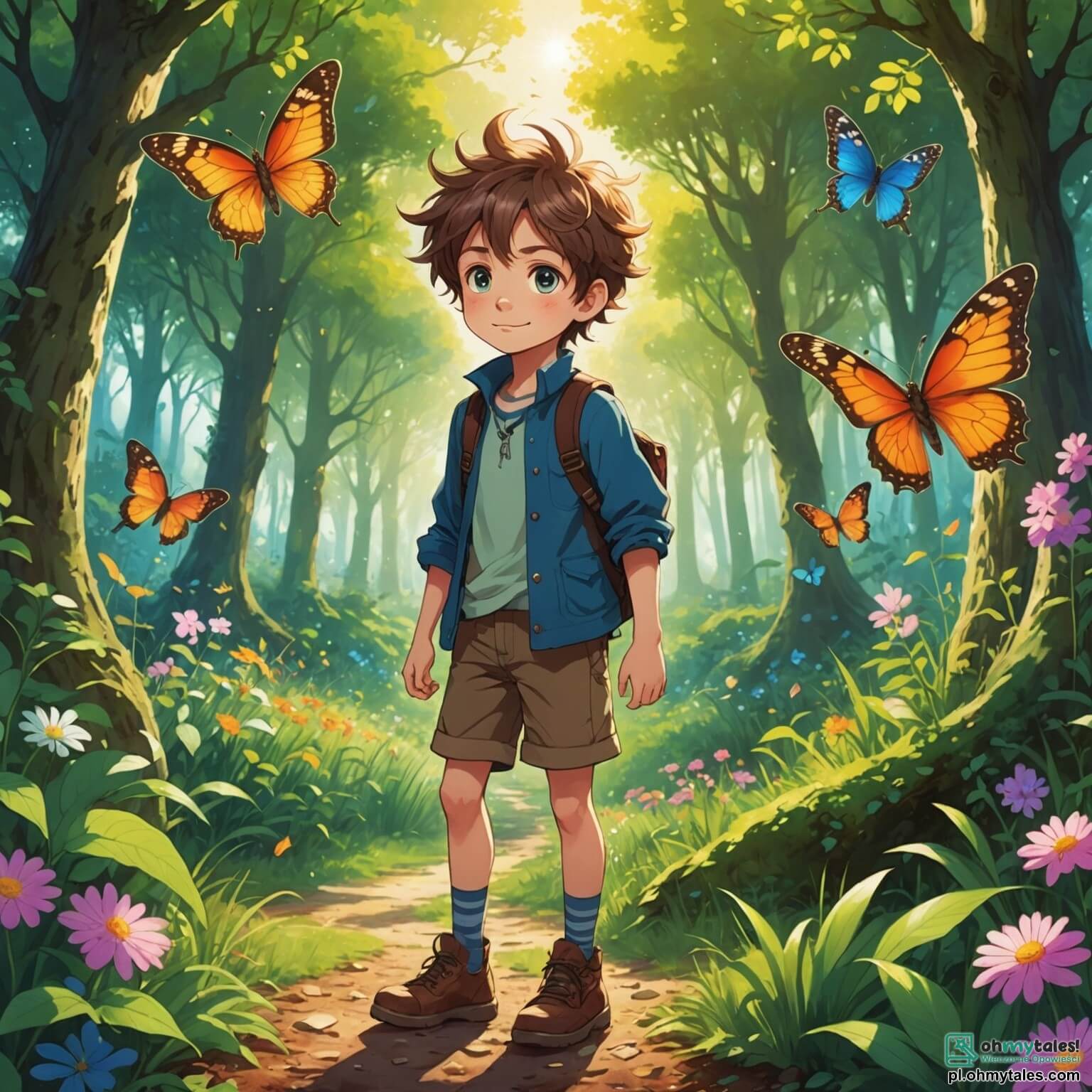 Une illustration destinée aux enfants représentant un garçon intrépide aux cheveux ébouriffés et aux yeux pétillants de curiosité, se tenant au bord d'une clairière enchantée, où les rayons du soleil filtrent à travers les feuilles des arbres majestueux, illuminant des fleurs aux couleurs éclatantes et des papillons dansants, tandis qu'il se prépare à partir à l'aventure pour retrouver son ami, un petit lapin espiègle à la fourrure soyeuse et aux grandes oreilles, perdu dans les profondeurs d'une forêt mystérieuse, peuplée de créatures magiques et de secrets bien gardés, où le doux murmure d'une rivière scintillante et le chant mélodieux des oiseaux créent une atmosphère féerique et captivante.