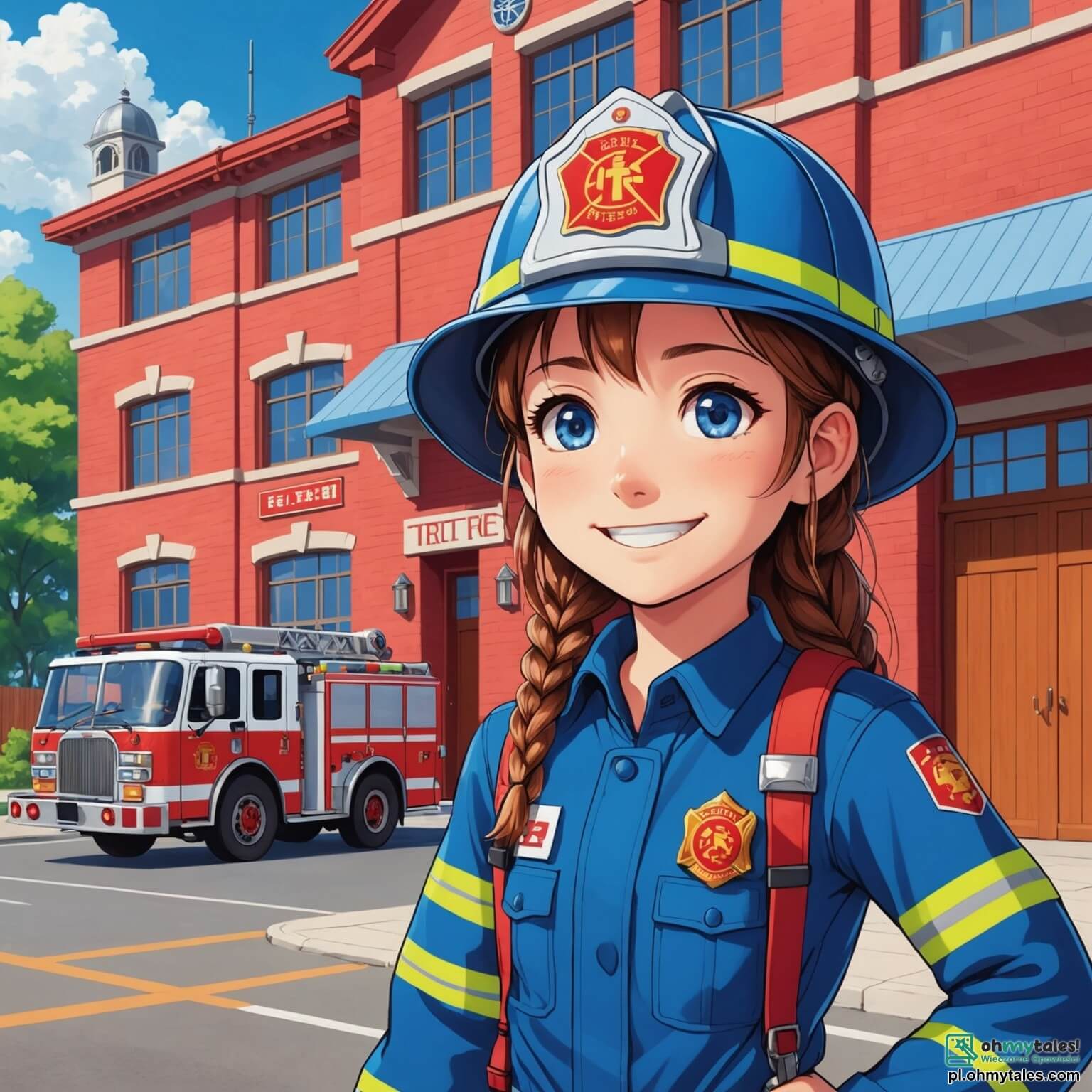 Une illustration destinée aux enfants représentant une courageuse femme pompière au sourire éclatant, vêtue d'un uniforme bleu vif et d'un casque brillant, se tenant fièrement devant la majestueuse caserne de pompiers aux murs rouges éclatants, ornée de grandes portes blanches et de fenêtres en bois, tandis qu'à ses côtés, un garçon aux yeux pétillants de curiosité et une fille aux longs warkocze, tous deux impatients d'apprendre les secrets du métier de pompier, regardent avec admiration alors qu'elle s'apprête à répondre à une alerte d'incendie, prête à plonger dans l'action pour sauver des vies et éteindre les flammes menaçantes.