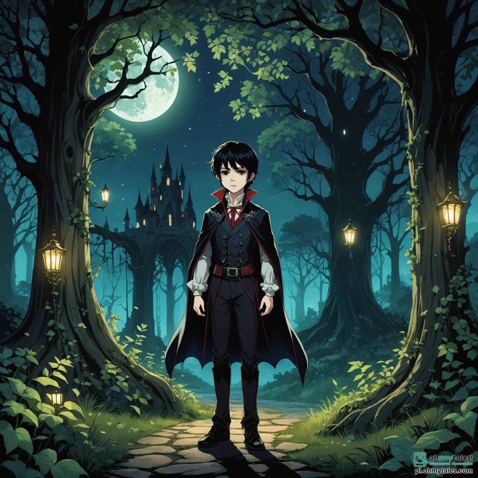 Une illustration destinée aux enfants représentant un jeune vampire aux yeux pétillants de curiosité, avec des cheveux ébène flottant comme des ombres dans la lumière de la lune, se tenant au bord d'une forêt enchantée où les arbres aux troncs tordus et aux feuilles scintillantes dansent doucement sous la brise nocturne, tandis qu'il s'apprête à explorer un mystérieux château aux murs de jade, entouré de lianes luminescentes et de fleurs phosphorescentes, aux côtés d'une intrépide petite fille aux boucles dorées et au sourire éclatant, qui rêve de découvrir des trésors cachés et de se faire des amis dans ce monde magique, où la nuit est pleine de secrets et d'aventures à vivre ensemble.