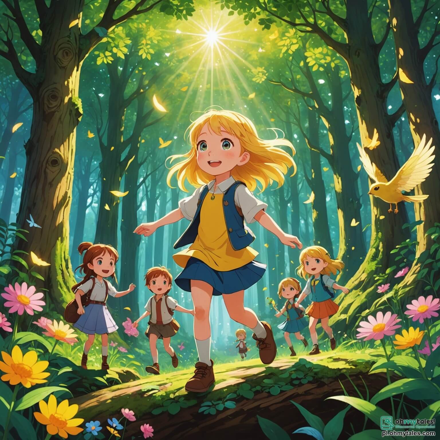 Une illustration destinée aux enfants représentant une petite fille aux cheveux dorés, scintillant comme des rayons de soleil, qui, dans une forêt enchantée où les arbres majestueux s'élèvent comme des géants gardiens et où les fleurs colorées dansent au gré du vent, se retrouve face à un dilemme délicat, entourée de ses amis, un garçon espiègle à l'imagination débordante et une autre fille pleine de joie, alors qu'elle doit choisir entre la tentation de mentir pour préserver leur enthousiasme face à un trésor mystérieux qu'elle a découvert, ou la courageuse décision de révéler la vérité sur la simple pièce de monnaie qu'elle a trouvée, tout en ressentant le poids de son secret dans son cœur.