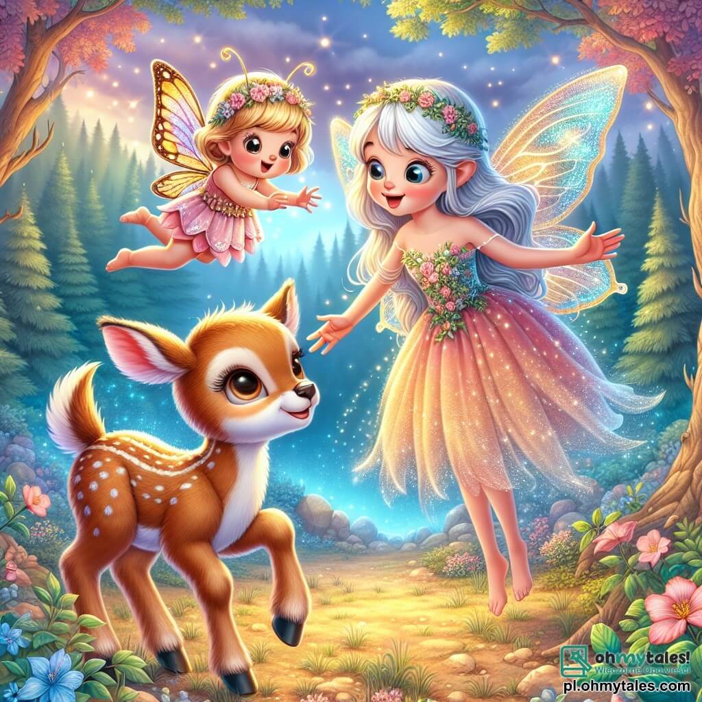 Une illustration sous forme de dessin destinée aux enfants représentant une clairière enchantée dans un forêt magique, où une petite fée aux ailes scintillantes en forme de papillon, avec des cheveux dorés et une robe faite de pétales de fleurs, montre à un jeune faon brun aux grands yeux curieux comment sauter joyeusement, tandis qu'une vieille fée sage aux cheveux argentés et aux ailes délicates les observe avec un sourire bienveillant, le tout baigné dans une lumière douce et colorée, évoquant un moment de découverte et d'amitié.