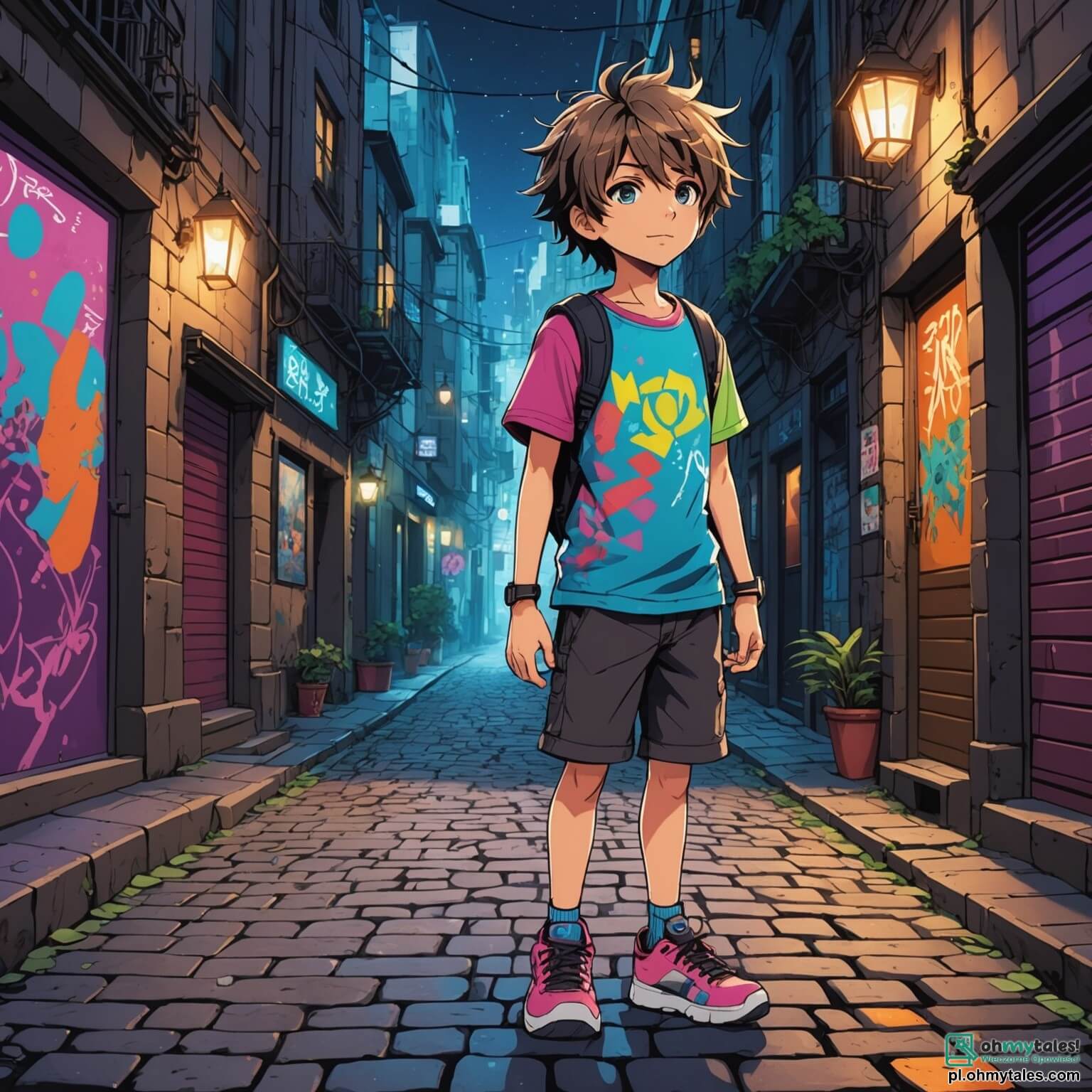 Une illustration destinée aux enfants représentant un garçon aux cheveux ébouriffés et aux yeux pétillants de curiosité, vêtu d'un t-shirt coloré et de baskets usées, se tenant au milieu d'une rue pavée d'une ville animée où des néons scintillants illuminent les façades des bâtiments anciens, tandis qu'il découvre une porte secrète ornée de motifs mystérieux, entourée de graffitis vibrants et de plantes grimpantes, qui le mène à un monde fantastique peuplé de créatures magiques, avec à ses côtés une fille aux cheveux longs et ondulés, portant une cape scintillante, qui l'encourage à explorer les merveilles cachées de cette métropole où la magie et la réalité s'entrelacent.