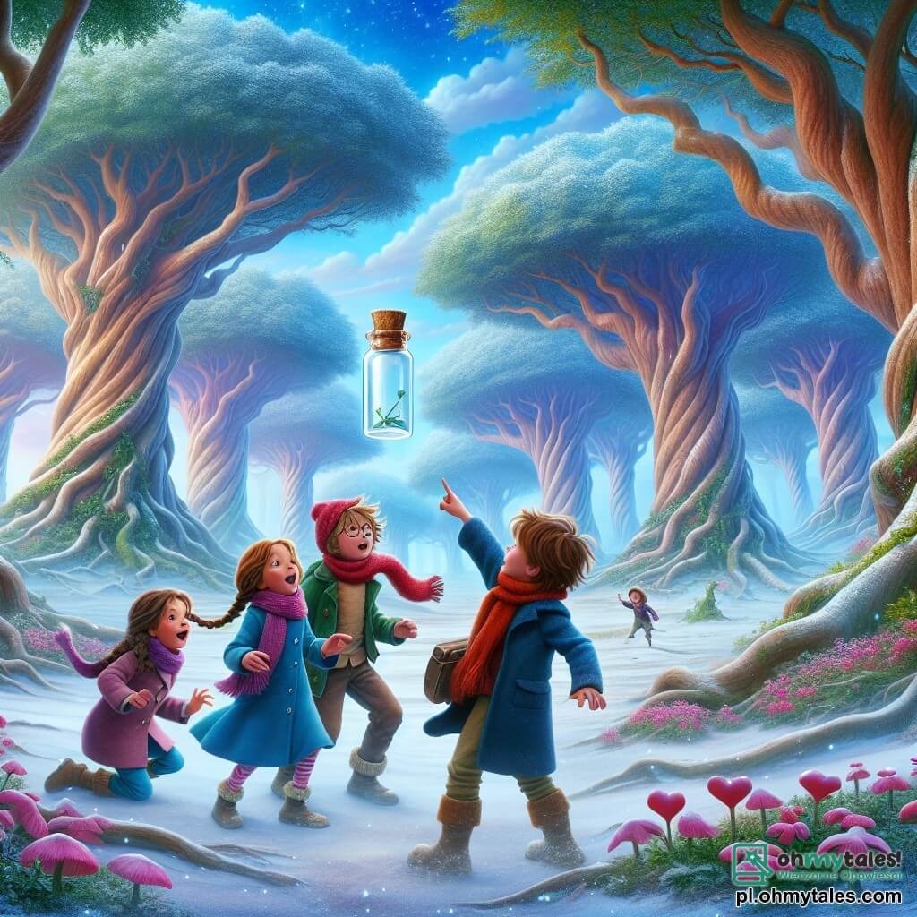 Ilustracja przedstawiająca magiczną scenę w zaczarowanym lesie, gdzie majestatyczne drzewa o grubych pniach wznoszą się ku niebu wypełnionemu puszystymi białymi chmurami. Ziemia pokryta jest delikatną warstwą lśniącego śniegu, a tu i ówdzie wyrastają różowe kwiaty w kształcie serca, dodając koloru temu zimowemu krajobrazowi. W centrum obrazu czterech dzieci stoi razem: chłopiec w wieku dziesięciu lat z rozczochranymi brązowymi włosami, noszący czerwoną szalik i niebieski płaszcz, z zachwytem patrzy na małą butelkę zawieszoną na gałęzi. Obok niego dziewczynka w wieku dziesięciu lat z długimi blond warkoczami, ubrana w różowy płaszcz, radośnie się uśmiecha, wskazując na butelkę. Inny chłopiec, również dziesięcioletni, w okularach i z kasztanowymi włosami, klęczy, badając ziemię z ciekawością, podczas gdy dziewczynka w wieku dziesięciu lat z kręconymi włosami i fioletową czapką skacze z ekscytacji, z uniesionymi rękami ku niebu. Główna sytuacja pokazuje dzieci odkrywające tajemniczą butelkę zawierającą wiadomość, symbolizującą ducha Walentynek i przyjaźni. Unoszące się serca i lśniące gwiazdy otaczają dzieci, dodając scenie baśniowego klimatu. W tle delikatnie opadają płatki śniegu, tworząc magiczną i ciepłą atmosferę.