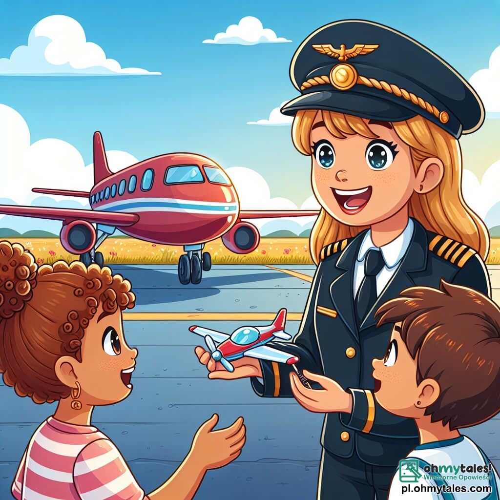 Une illustration sous forme de dessin destinée aux enfants représentant un grand terrain d'aviation ensoleillé, avec un grand avion rouge brillant garé sur le tarmac, une femme pilote souriante aux cheveux bruns attachés en chignon, portant une combinaison de pilote et un casque, qui explique avec enthousiasme le fonctionnement de l'avion à deux enfants : une fille aux cheveux blonds et bouclés, les yeux pétillants d'émerveillement, et un garçon aux cheveux châtains, portant une casquette, qui écoute attentivement tout en tenant un petit modèle d'avion dans ses mains, le tout baignant dans une atmosphère joyeuse et pleine d'aventure.