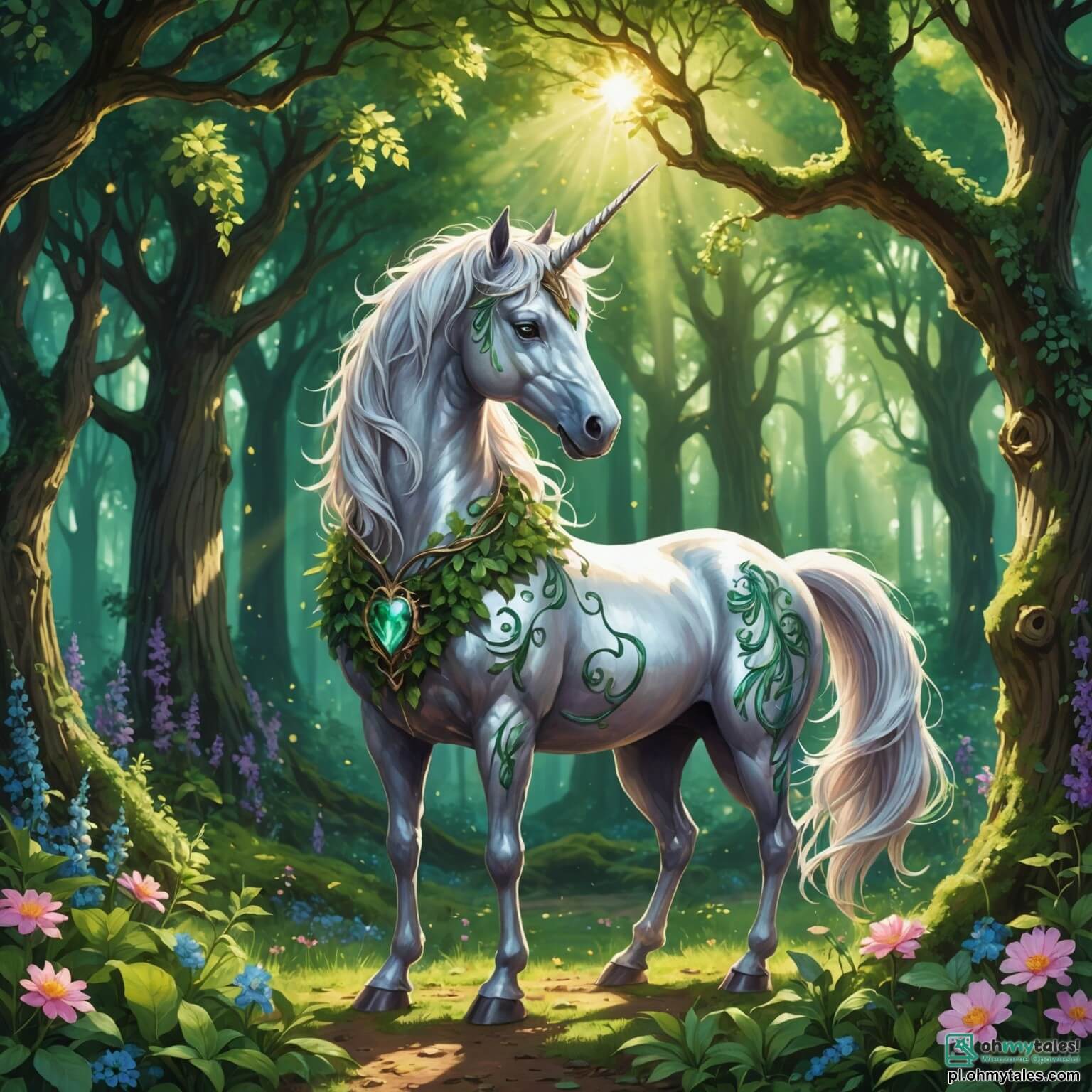 Une illustration destinée aux enfants représentant une majestueuse licorne aux crins scintillants comme des fils d'argent, se tenant fièrement au cœur d'une forêt enchantée où les rayons du soleil filtrent à travers les feuilles verdoyantes, illuminant les fleurs multicolores qui dansent doucement au gré du vent, tandis qu'elle se prépare à aider un jeune dragon aux écailles émeraude, timide et craintif, qui se cache derrière un vieux chêne noueux, à surmonter sa peur et à découvrir la magie de l'amitié dans ce lieu féerique où les ruisseaux murmurent des secrets et les oiseaux chantent des mélodies envoûtantes.