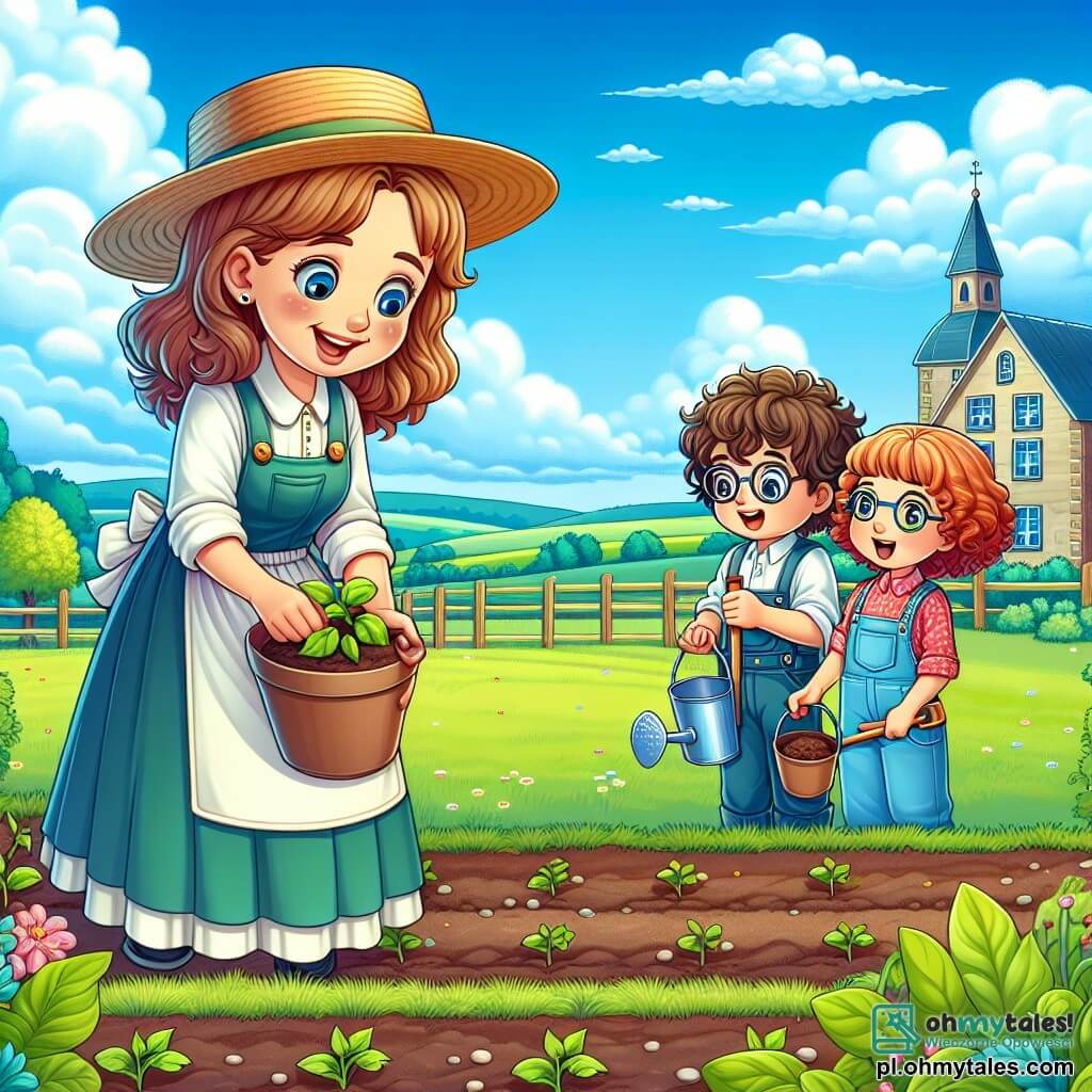 Une illustration sous forme de dessin destinée aux enfants représentant une ferme colorée avec des champs verdoyants sous un ciel bleu, où une femme au visage souriant, portant un chapeau de paille et des vêtements de travail, s'affaire à planter des graines dans un jardin, tandis que deux enfants, une fille aux cheveux bouclés et un garçon aux lunettes, l'observent avec émerveillement, tenant des petites pelles et des seaux, illustrant ainsi leur enthousiasme à apprendre le travail de la terre et à découvrir la magie de la vie à la ferme.