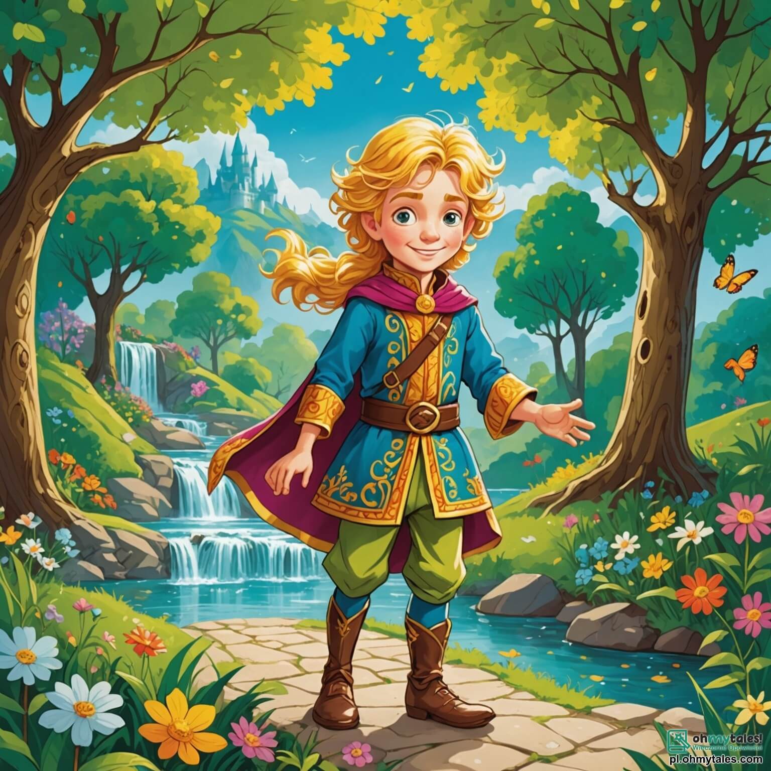 Une illustration destinée aux enfants représentant un prince espiègle aux cheveux dorés, vêtu d'une tunique colorée ornée de motifs de fleurs éclatantes, qui se retrouve dans un royaume enchanté où les arbres dansent au rythme du vent et les rivières scintillent comme des diamants, aux côtés d'une princesse malicieuse aux yeux pétillants, qui adore faire des farces, le tout dans un jardin magique rempli de fleurs géantes aux couleurs vives et de créatures fantastiques qui rient aux éclats.