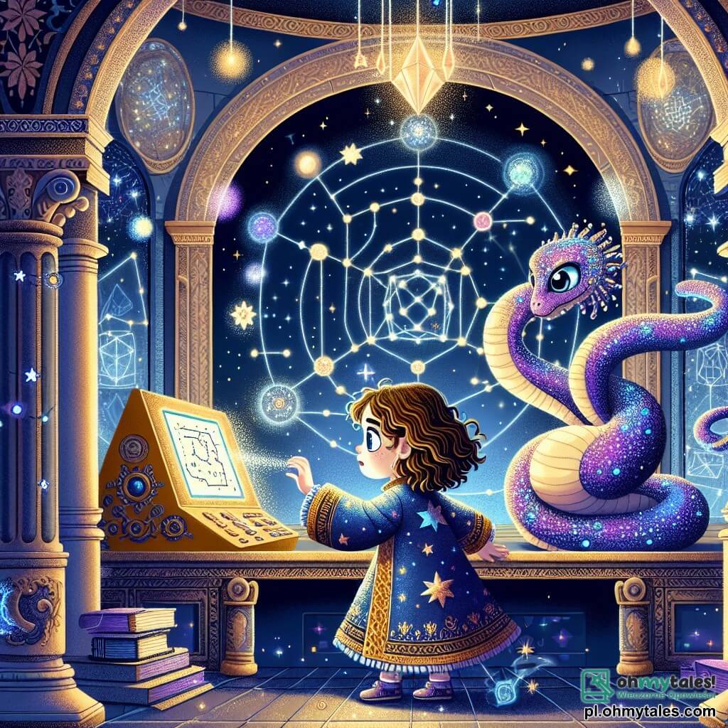 Une illustration sous forme de dessin destinée aux enfants représentant une salle du trône d'un ancien palais magique, avec des murs scintillants en cristal et des hologrammes de constellations flottant dans l'air, où une fille de 9 ans aux cheveux bouclés et aux yeux pétillants, vêtue d'une robe colorée ornée de motifs étoilés, se tient devant un terminal lumineux, concentrée sur l'écran, tandis qu'un serpent cosmique aux écailles brillantes et aux yeux malicieux, enroulé autour de son épaule, l'encourage avec un sourire espiègle, alors qu'ils découvrent ensemble la carte d'une planète mystérieuse, symbole de leur quête pour retrouver le légendaire Clé de l'Harmonie.