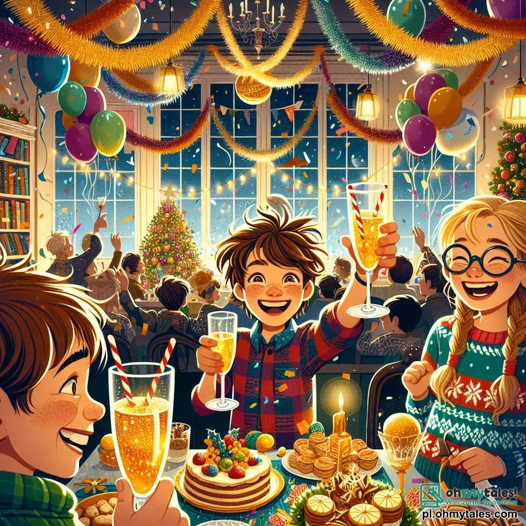 Ilustracja przedstawiająca ciepłą scenę noworocznej imprezy w udekorowanym domu. Pokój jest wypełniony migoczącymi kolorowymi girlandami, balonami oraz dużym stołem obładowanym smakołykami, takimi jak złote ciastka i owoce w cieście. Na środku obrazu stoi 11-letni chłopiec z rozczochranymi brązowymi włosami, ubrany w czerwoną i niebieską koszulę w kratę, z radosnym uśmiechem. Trzyma szklankę musującego soku owocowego, gotowy do toastu. Jego oczy błyszczą od ekscytacji i szczęścia. Obok niego stoją dwoje dzieci: dziewczynka w wieku około 10 lat z warkoczami i swetrem w śnieżynki oraz 12-letni chłopiec w okularach i zielonej bluzie z kapturem, którzy razem się śmieją, przygotowując się do śpiewania. Główna scena ukazuje magiczny moment, gdy dzieci zbierają się, by świętować Nowy Rok, unosząc swoje kieliszki w górę, gdy zegar zbliża się do północy. Kolorowe konfetti unosi się w powietrzu, a na zewnątrz widać fajerwerki rozświetlające nocne niebo. Atmosfera jest radosna i pełna świątecznego ducha.