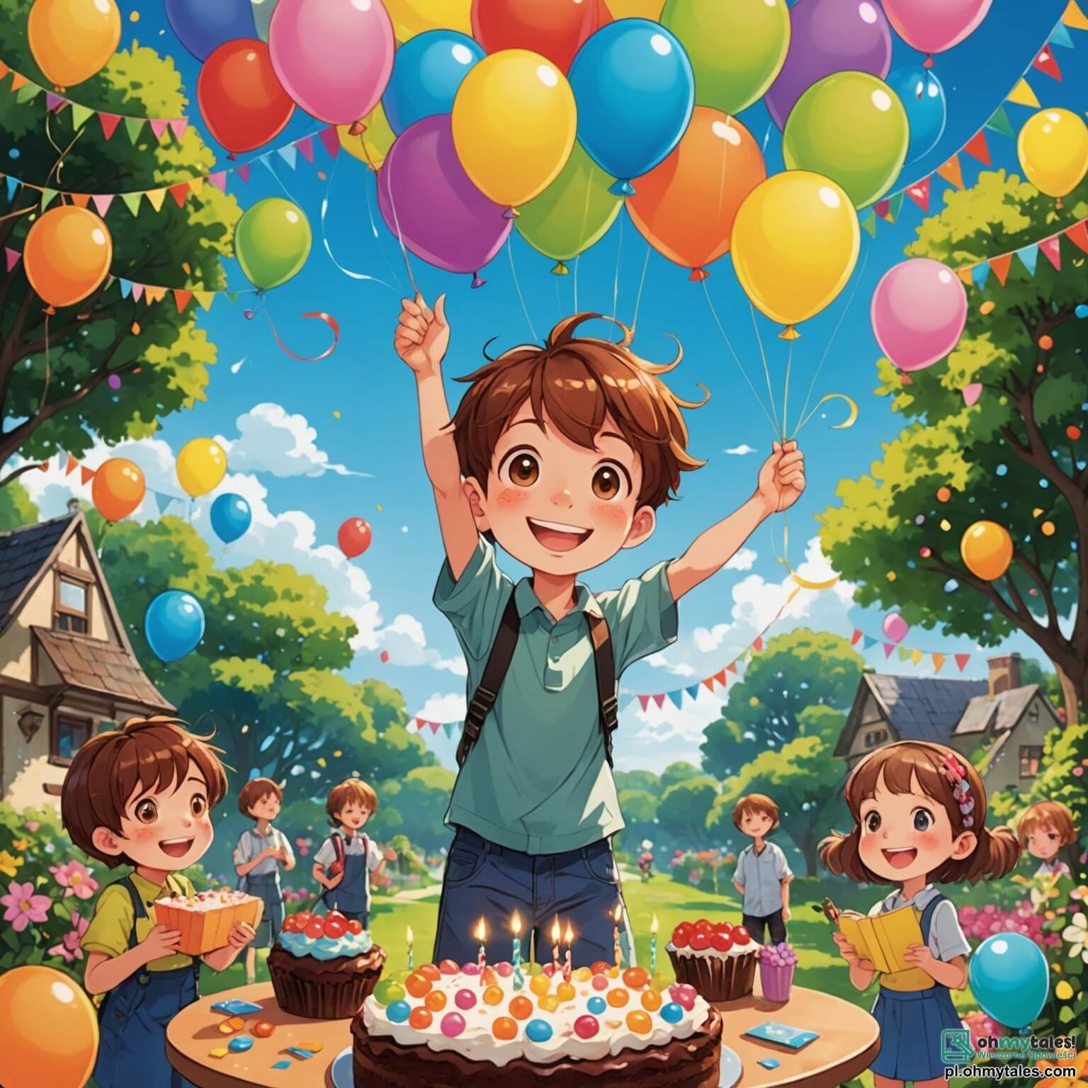 Une illustration destinée aux enfants représentant un joyeux garçon aux cheveux châtains et aux yeux pétillants, débordant d'excitation à l'approche de son anniversaire, se tenant au milieu d'un jardin enchanteur où des ballons multicolores flottent dans l'air, des guirlandes de fleurs vibrantes ornent les arbres, et une grande table décorée de gâteaux en chocolat et de sucreries scintillantes l'attend, tandis que ses amis, une fille aux couettes blondes et un garçon aux lunettes, s'approchent avec des sourires radieux, prêts à célébrer ensemble cette journée magique remplie de rires et de surprises.
