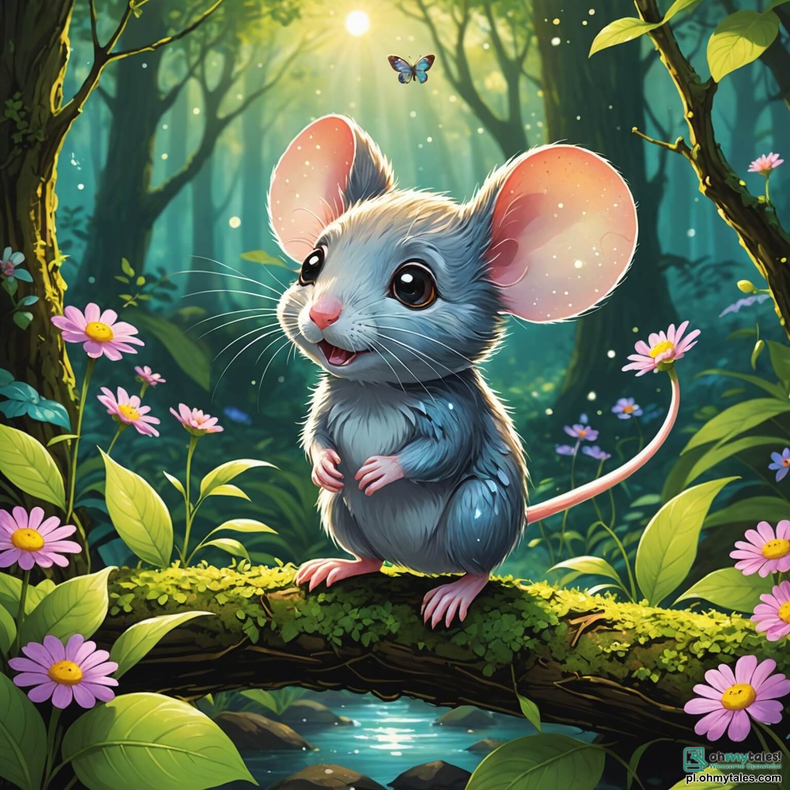 Une illustration destinée aux enfants représentant une petite souris aux yeux pétillants et aux oreilles rondes, se faufilant avec curiosité à travers une vaste forêt enchantée, où les rayons du soleil dansent à travers les feuilles vertes des arbres majestueux, illuminant des fleurs multicolores qui s'épanouissent tout autour, tandis qu'elle rêve de découvrir de nouveaux amis, comme un oiseau aux plumes éclatantes perché sur une branche, et d'explorer les secrets cachés des ruisseaux scintillants qui serpentent entre les racines noueuses des grands chênes.