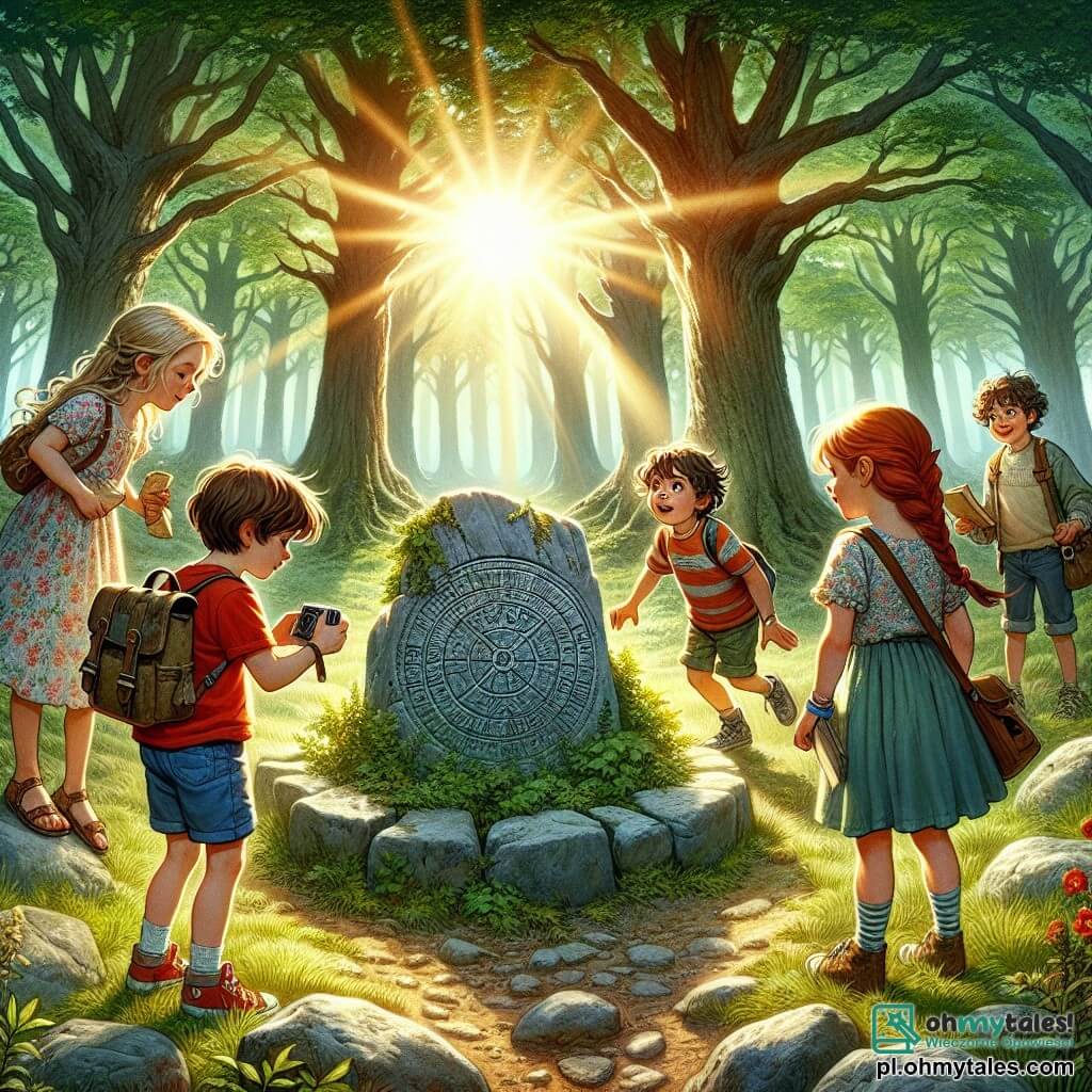 Ilustracja przedstawiająca słoneczną polanę w sercu zielonego lasu, otoczoną majestatycznymi drzewami o lśniących zielonych liściach. W centrum znajduje się stary kamienny krąg, złożony z szarych, zniszczonych przez czas kamieni, budzący starożytną tajemnicę. Czworo dzieci, dwóch chłopców i dwie dziewczynki, stoi wokół kręgu. Pierwszy chłopiec, mający około dziewięciu lat, ma potargane brązowe włosy i nosi czerwoną koszulkę oraz niebieskie szorty. Z zachwytem patrzy na starą mapę, którą trzyma w rękach. Druga dziewczynka, również w wieku dziewięciu lat, ma długie blond warkocze i nosi kwiecistą sukienkę. Robi zdjęcia małym aparatem, a jej twarz promienieje ciekawością. Drugi chłopiec, o kasztanowych włosach i w okularach, pochyla się nad ziemią, badając symbol wyryty w kamieniu, podczas gdy druga dziewczynka, o kręconych włosach i z plecakiem, uśmiecha się, trzymając kanapkę. Atmosfera jest wypełniona ekscytacją i tajemnicą, promienie słońca filtrują się przez drzewa, oświetlając scenę. Kolorowe motyle latają wokół nich, a ptaki śpiewają na gałęziach. W tle dzikie kwiaty dodają kolorów otaczającej zieleni, wzmacniając wrażenie magicznej przygody pełnej odkryć.