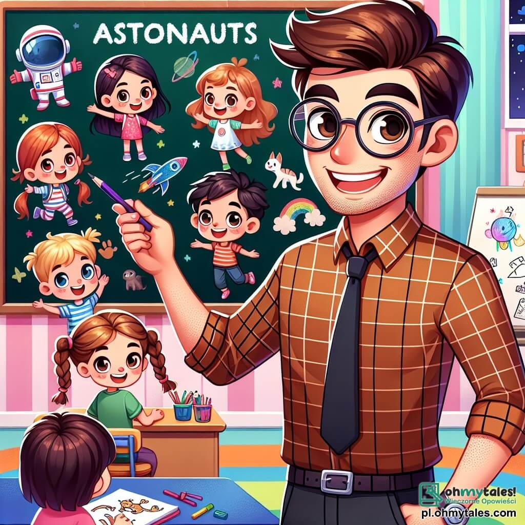 Une illustration sous forme de dessin destinée aux enfants représentant une salle de classe colorée, avec des murs décorés de dessins d'enfants, où un homme au sourire chaleureux, portant des lunettes et une chemise à carreaux, se tient debout devant un tableau noir en expliquant avec enthousiasme les différentes professions, tandis qu'une fille aux cheveux bruns tressés, tenant un crayon et un carnet, dessine des animaux, et un garçon aux cheveux blonds, les yeux brillants d'excitation, lève la main pour poser une question sur les astronautes, capturant ainsi l'esprit d'apprentissage et de curiosité qui règne dans la classe.