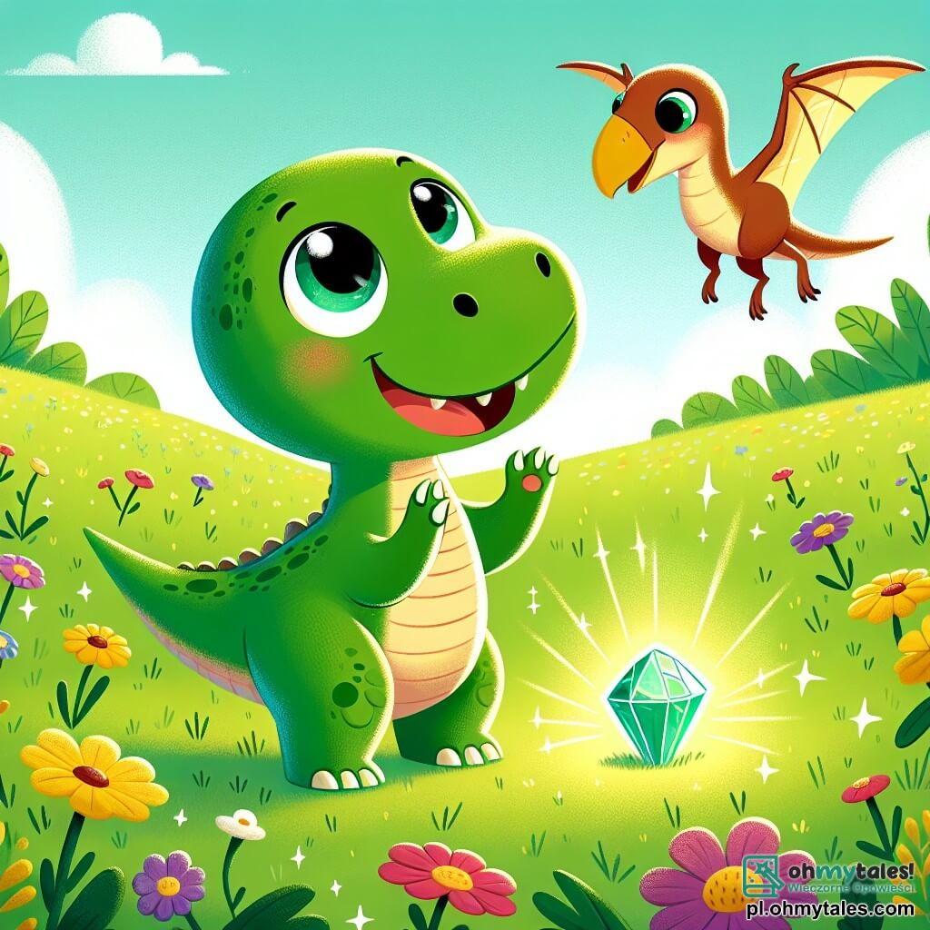 Une illustration sous forme de dessin destinée aux enfants représentant une verdoyante prairie parsemée de fleurs colorées, où un jeune Tyrannosaure Rex à la peau verte et aux grands yeux curieux se tient au centre, levant joyeusement ses petites pattes avant, tandis qu'un petit pterozaur aux ailes vibrantes vole au-dessus de lui et une douce diplodocus à long cou se penche pour admirer un éclatant cristal, illustrant leur quête d'aventure à la recherche d'un trésor caché dans la mystérieuse grotte du Złoty Dinosaurusza.