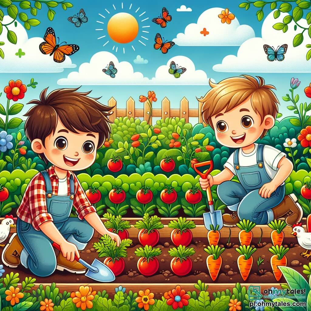 Ilustracja przedstawiająca urokliwy ogród wiejski, wypełniony rzędami kolorowych warzyw, takich jak czerwone pomidory, pomarańczowe marchewki i zielone sałaty, pod jasnoniebieskim niebem usianym puszystymi białymi chmurami. W centrum młody chłopak w wieku około dziesięciu lat, z rozczochranymi brązowymi włosami i promiennym uśmiechem, klęczy, aby wyrwać chwasty, ubrany w koszulę w kratę i materiałowe spodnie. Obok niego stoi chłopiec w jego wieku, z blond włosami i błyszczącymi oczami, z fascynacją obserwujący, trzymający małą plastikową łopatkę. Razem radośnie pracują, otoczeni kolorowymi motylami i kilkoma ciekawskimi kurkami, które skubią ziemię. Atmosfera jest wesoła i pełna życia, ilustrując przyjaźń i radość wspólnej pracy w naturze.