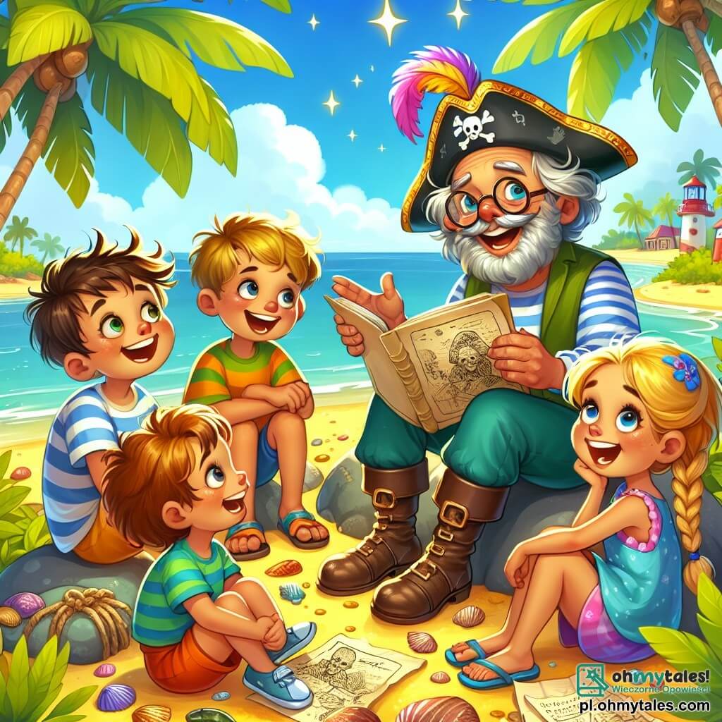 Ilustracja przedstawiająca żywą scenę na słonecznej plaży, z zielonymi palmami delikatnie kołyszącymi się na wietrze. Niebo ma intensywny niebieski kolor, przetykane kilkoma białymi, puszystymi chmurami. W centrum, starszy mężczyzna z siwymi włosami i dużą kręconą brodą, nosi kapelusz pirata ozdobiony kolorowym piórem. Radośnie się uśmiecha, siedząc na głazie, otoczony mapami skarbów i błyszczącymi muszlami, opowiadając fascynującą historię. Wokół niego pięcioro dzieci, trzech chłopców i dwie dziewczynki w wieku około 8-10 lat, słucha uważnie. Jeden z chłopców ma potargane brązowe włosy i nosi w paski t-shirt, podczas gdy dziewczynka obok ma warkocze i kolorowe szorty. Inny chłopiec w okularach robi notatki w małym zeszycie, a ostatnia dziewczynka z kręconymi włosami patrzy z zachwytem. Główna scena pokazuje grupę zafascynowaną opowieściami pirata, z wybuchami śmiechu i wyrazami zdumienia na ich twarzach. W tle turkusowe morze błyszczy w słońcu, a stara łódź piracka jest przycumowana na brzegu, dodając odrobinę przygody do tej zaczarowanej sceny.