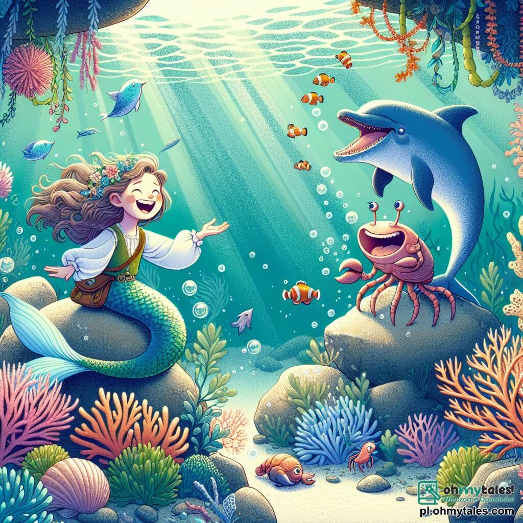 Une illustration sous forme de dessin destinée aux enfants représentant un magnifique jardin sous-marin rempli de coraux colorés et de poissons dansants, où une petite sirène aux longs cheveux ondulés et à un éclatant queue en dégradé de bleu et de vert, rit joyeusement en racontant des blagues à un delfin espiègle aux yeux pétillants, tandis qu'un vieux crabe à lunettes, assis sur un rocher, éclate de rire, entouré de bulles d'air et de rayons de lumière filtrant à travers l'eau, capturant l'esprit d'une aventure pleine de rires et d'amitié.