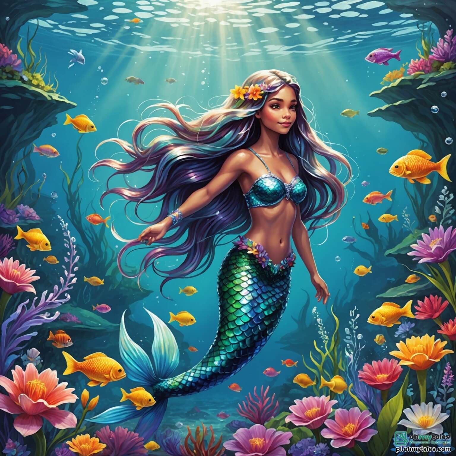Une illustration destinée aux enfants représentant une sirène aux longs cheveux scintillants comme des fils d'argent, avec un magnifique queue irisée aux couleurs de l'arc-en-ciel, nageant avec grâce dans les eaux cristallines d'un stau magique entouré de fleurs aquatiques multicolores et de poissons aux écailles brillantes, tandis qu'elle se trouve en quête de ses précieux fleurs volées par un mystérieux vent malicieux, accompagnée de sa fidèle amie, une petite poissonnière aux écailles violettes, dans un monde sous-marin où les rayons du soleil filtrent à travers les vagues, illuminant les coraux et créant un spectacle féerique de lumière et de couleurs.