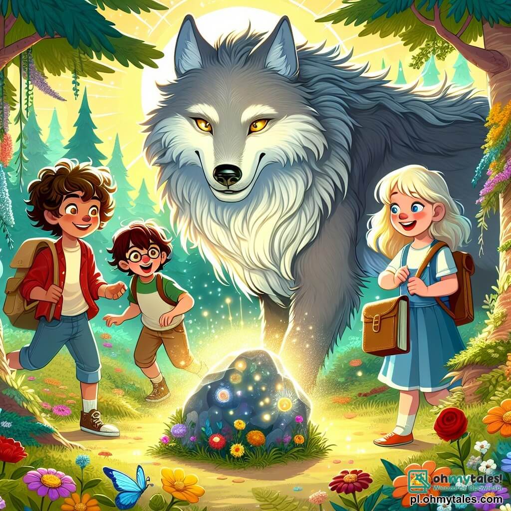 Une illustration sous forme de dessin destinée aux enfants représentant une forêt enchantée, baignée de lumière dorée, où un majestueux loup-garou, avec une fourrure argentée et des yeux dorés, se tient au centre, regardant avec bienveillance trois enfants : un garçon aux cheveux bouclés et curieux, une fille aux cheveux colorés tenant un carnet de croquis, et un garçon au grand sourire, tous émerveillés par la magie qui les entoure, alors qu'ils découvrent ensemble un mystérieux et scintillant rocher au milieu des fleurs colorées, symbolisant leur aventure et leur amitié.