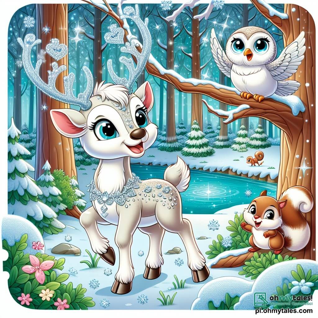 Une illustration sous forme de dessin destinée aux enfants représentant une forêt enchantée recouverte de neige scintillante, où un jeune renne au pelage blanc éclatant et aux cornes délicatement ornées de givre explore avec curiosité, tandis qu'une joyeuse petite écureuil aux yeux pétillants et une sage chouette perchée sur une branche l'observent avec bienveillance, alors qu'ils viennent de découvrir un endroit magique près d'une rivière étincelante, où ils ont l'intention d'aider un petit lapin en détresse coincé dans des buissons.
