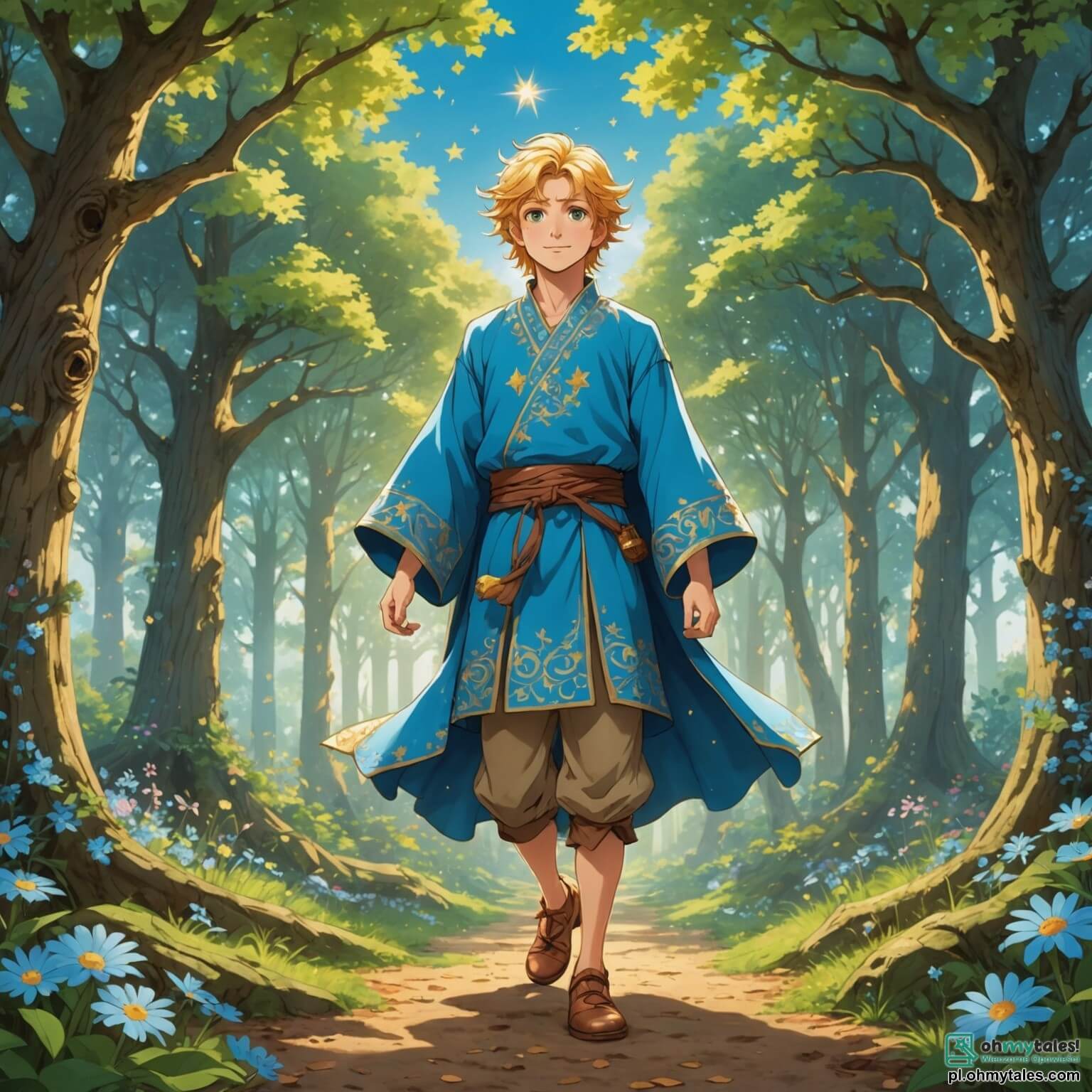 Une illustration destinée aux enfants représentant un homme courageux aux cheveux dorés comme les rayons du soleil, vêtu d'une tunique bleu ciel ornée de motifs étoilés, se tenant au bord d'une forêt enchantée où les arbres majestueux, aux troncs noueux et aux feuilles scintillantes, murmurent des secrets anciens, tandis qu'une douce brise fait danser les fleurs multicolores qui tapissent le sol, et où, à ses côtés, une petite fée aux ailes iridescentes, aussi pétillantes qu'un arc-en-ciel, l'encourage avec un sourire malicieux, alors qu'ils se préparent à affronter un dragon cracheur de feu qui garde un trésor caché au cœur d'une grotte mystérieuse, entourée de lianes et de pierres précieuses qui scintillent comme des étoiles dans la nuit.