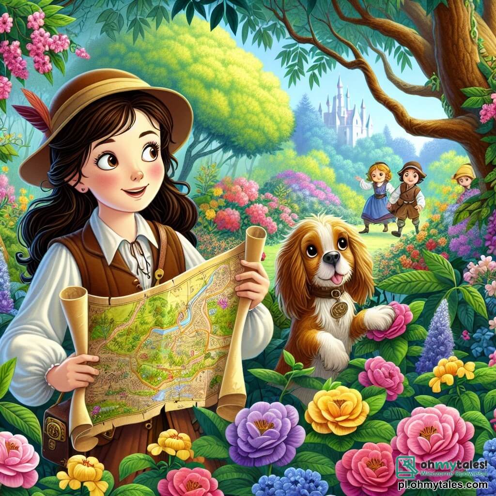 Une illustration sous forme de dessin destinée aux enfants représentant un jardin secret luxuriant, rempli de fleurs colorées et d'arbres majestueux, où une jeune femme aux cheveux châtains, vêtue d'une blouse d'exploratrice et tenant une vieille carte, scrute avec émerveillement les environs, tandis qu'à ses côtés, un petit chien aux oreilles tombantes, curieux et joyeux, renifle les fleurs, alors qu'ils découvrent ensemble les mystères cachés de cet endroit magique, tout en étant observés à distance par trois silhouettes d'enfants aux visages malicieux, prêts à les défier.