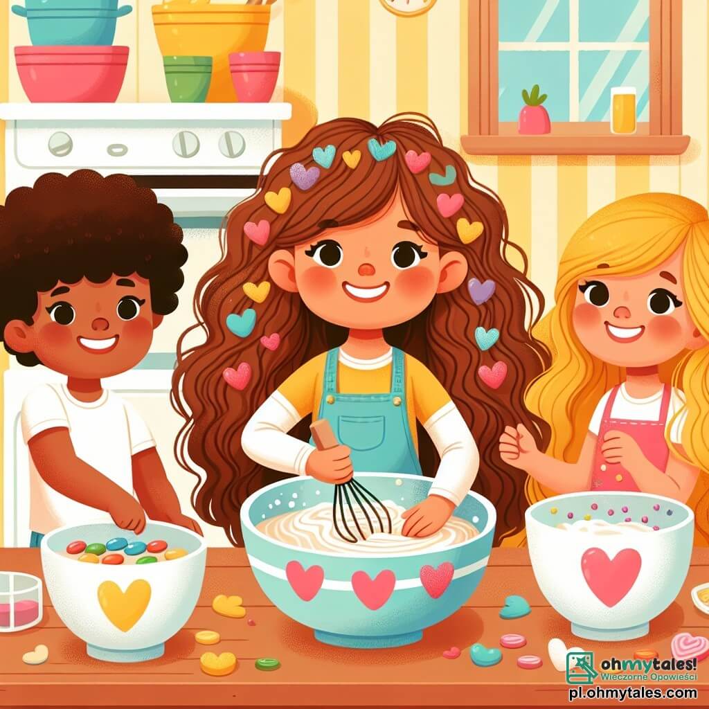 Une illustration sous forme de dessin destinée aux enfants représentant une cuisine chaleureuse et colorée, avec des murs peints en jaune pastel, où une fille de 9 ans aux longs cheveux bouclés couleur miel, souriante et pleine d'énergie, est en train de mélanger des ingrédients dans un grand bol, tandis que deux amis, un garçon aux cheveux bruns et une fille aux cheveux blonds, l'aident en décorant un gâteau en forme de cœur avec des bonbons colorés, le tout dans une ambiance joyeuse et festive pour célébrer la fête des mères.