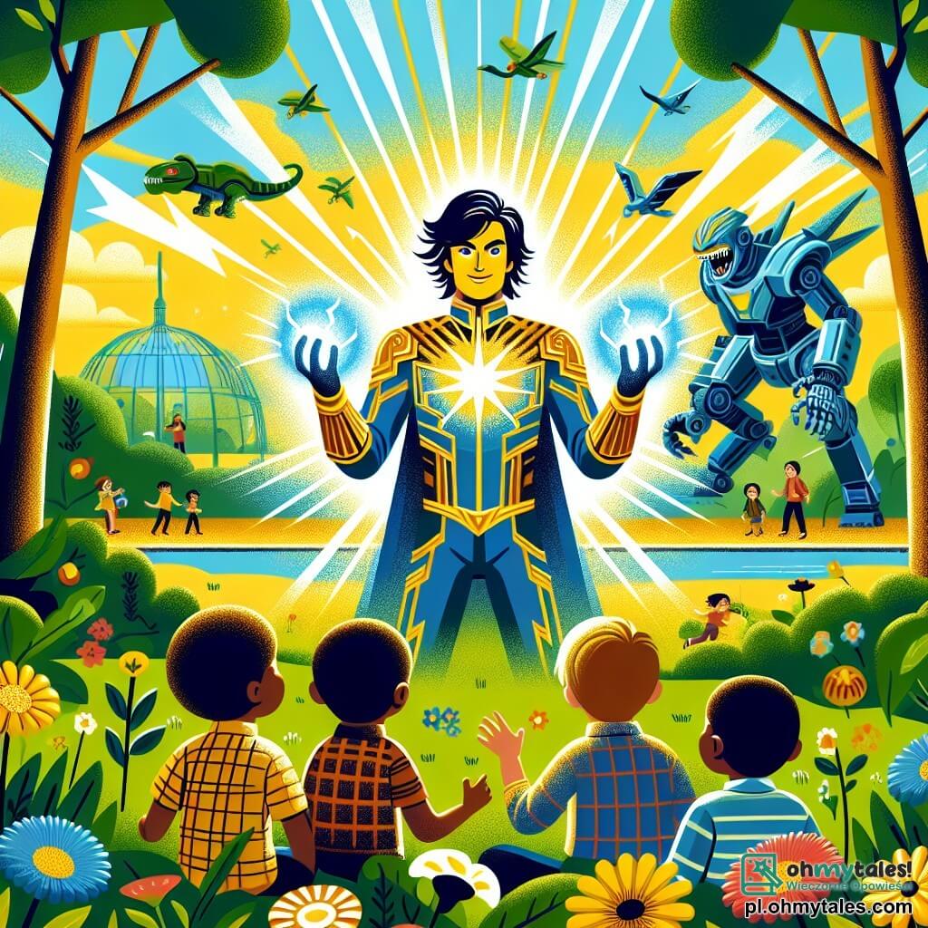Une illustration sous forme de dessin destinée aux enfants représentant un parc ensoleillé de Słoneczna Dolina, avec des fleurs colorées et des arbres verdoyants, où un homme aux cheveux noirs ébouriffés et aux yeux brillants, vêtu d'un costume doré et bleu, utilise ses pouvoirs pour créer une boule d'énergie lumineuse, tandis qu'un groupe de filles et de garçons aux visages émerveillés et inquiets regarde, entourés par un robot géant en métal menaçant qui gronde, illustrant le moment où le super-héros se prépare à défendre les enfants contre le danger imminent.
