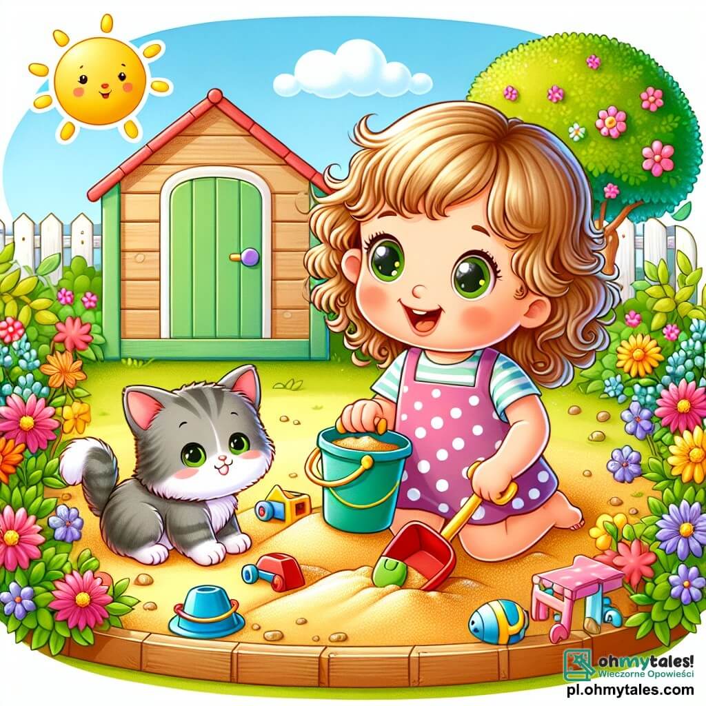 Une illustration sous forme de dessin destinée aux enfants représentant un jardin ensoleillé, rempli de fleurs colorées et d'une petite cabane en bois, où une fille de 2 ans aux cheveux bouclés et aux yeux pétillants, vêtue d'une robe à pois, creuse joyeusement dans le sable de la petite aire de jeux avec un seau et une pelle, tandis qu'un chaton aux poils gris et aux yeux verts, assis à côté d'elle, regarde curieusement une peluche enfouie dans le sable, illustrant le moment où elle découvre sa jouet perdu avec l'aide de son ami.