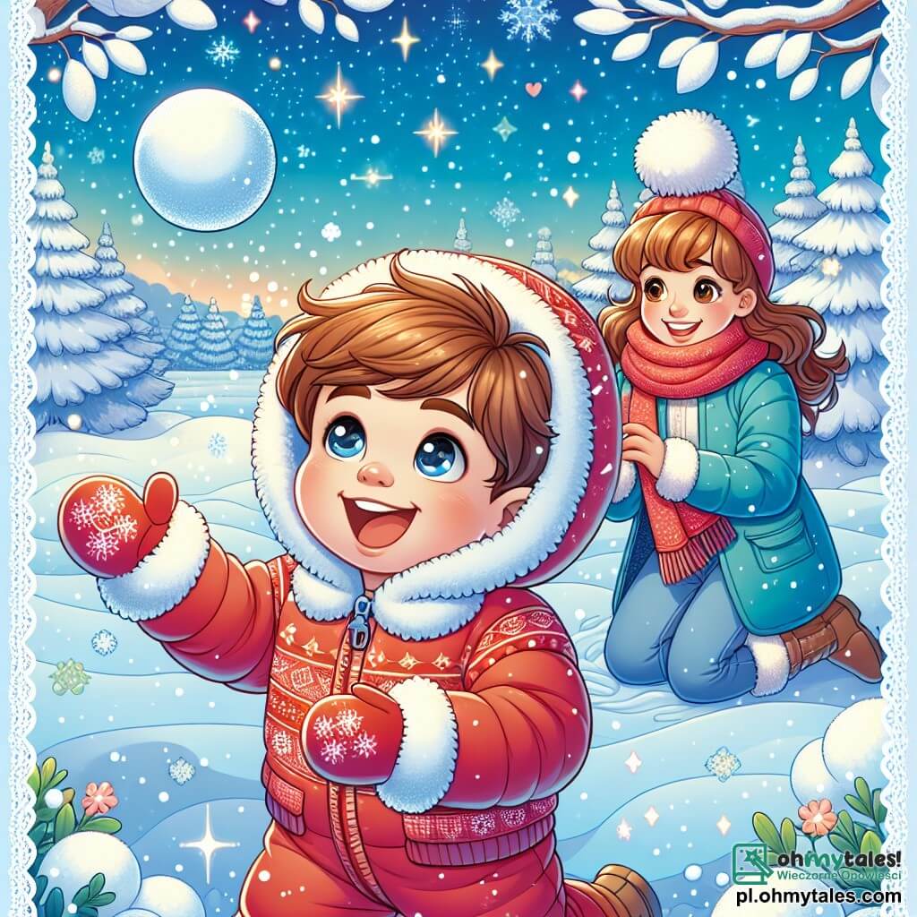 Une illustration sous forme de dessin destinée aux enfants représentant un paysage hivernal féerique avec des arbres recouverts de neige scintillante, un garçon de 1 an aux cheveux châtains et aux yeux pétillants, vêtu d'une chaude combinaison rouge, riant joyeusement tout en lançant une boule de neige, tandis qu'une maman souriante aux cheveux bruns, portant un manteau bleu, l'observe avec tendresse, le tout dans une ambiance de joie et de magie d'hiver.
