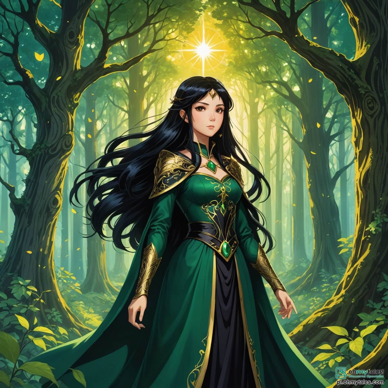 Une illustration destinée aux enfants représentant une belle femme aux longs cheveux noirs comme l'ébène, se tenant fièrement au cœur d'une forêt enchantée où les arbres majestueux aux troncs épais et tortueux s'élèvent vers le ciel, leurs feuilles scintillant comme des émeraudes sous les rayons dorés du soleil, tandis qu'elle se prépare à affronter un sorcier maléfique, un homme à l'allure sombre et menaçante, qui menace la paix de son village, entourée de petits esprits lumineux, des créatures délicates et joyeuses aux ailes translucides, qui dansent autour d'elle, apportant une touche de magie et d'espoir dans ce monde vibrant de couleurs et de mystères.