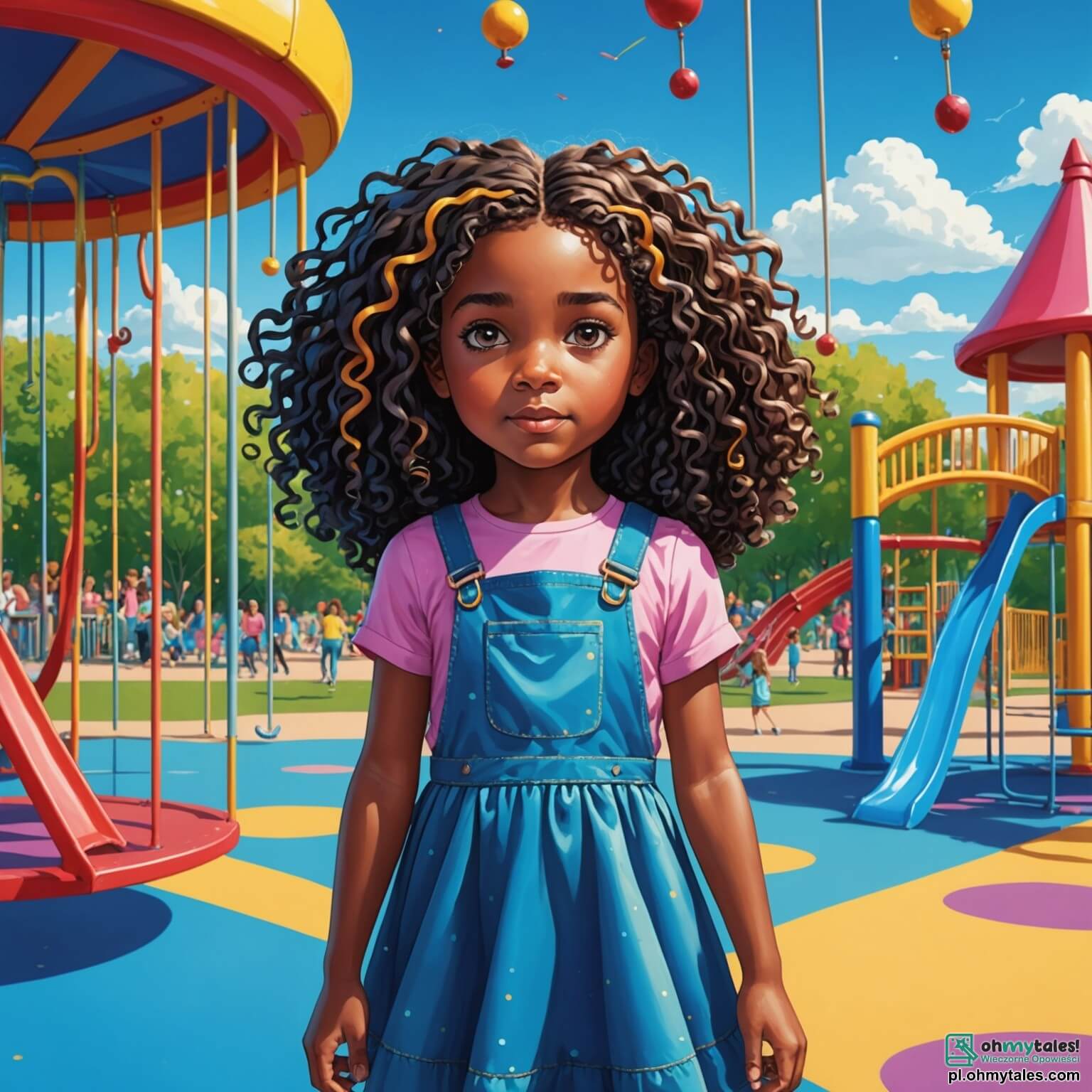 Une illustration destinée aux enfants représentant une petite fille aux cheveux bouclés et aux yeux pétillants de curiosité, se tenant au milieu d'une cour de récréation colorée, entourée de balançoires vibrantes et de toboggans scintillants sous un ciel bleu azur, alors qu'elle fait face à une nouvelle camarade de classe au teint chocolat et aux longs cheveux noirs, toutes deux cherchant à surmonter les murmures des autres enfants, une petite fille blonde aux tresses, qui, au début, semble hésitante à les accepter, mais qui finira par comprendre la beauté de l'amitié et de la tolérance dans ce lieu vibrant de rires et de jeux.