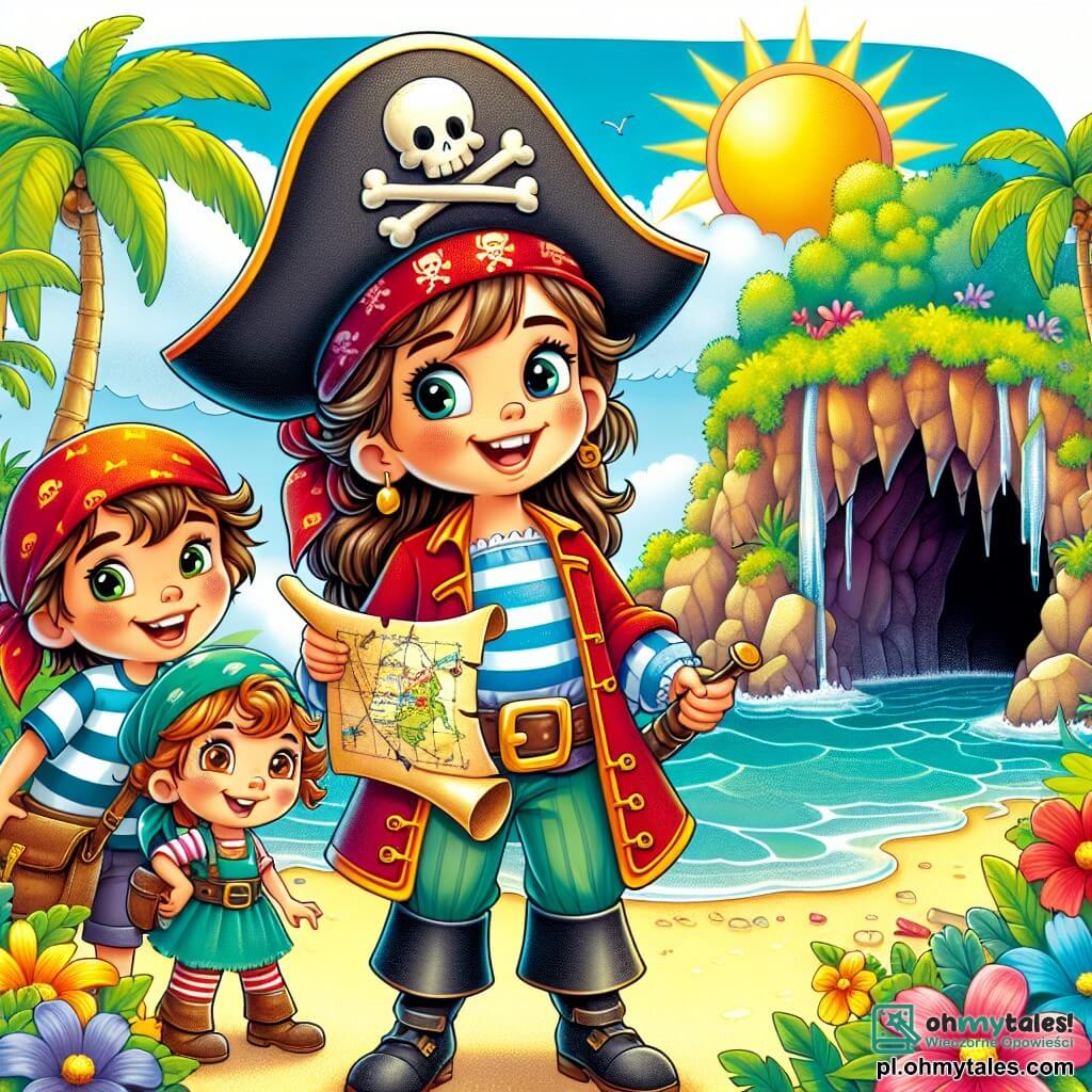 Une illustration sous forme de dessin destinée aux enfants représentant une île tropicale ensoleillée avec des palmiers et des fleurs colorées, où une courageuse pirate aux longs cheveux bruns, portant un chapeau de pirate et une veste rouge, se tient fièrement devant une mystérieuse jaskinia, tenant une carte au trésor, tandis qu'à ses côtés, un garçon joyeux avec un bandana et une chemise à rayures, ainsi qu'une fille aux cheveux bouclés et un tablier, l'observent avec émerveillement, tous trois prêts à partir à l'aventure pour découvrir un trésor caché.