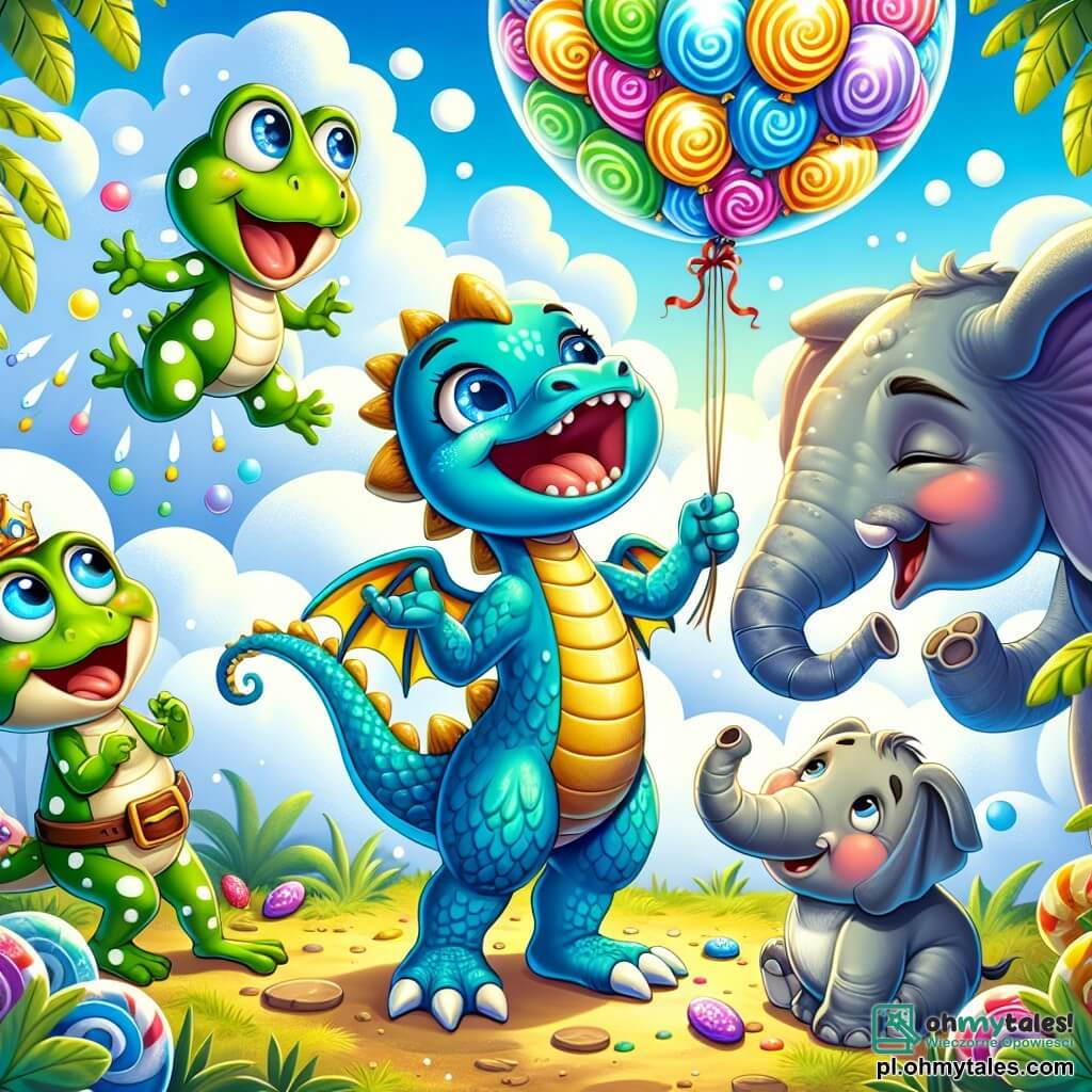 Une illustration sous forme de dessin destinée aux enfants représentant une scène colorée dans une jungle enchantée, où un petit dragon aux écailles bleu vif et aux yeux pétillants de malice, en train de faire éclater des bulles de rire, se tient joyeusement au centre, entouré d'une petite grenouille verte à pois, sautillant avec enthousiasme, tandis qu'un grand éléphant sage aux grandes oreilles écoute attentivement, le tout sous un ciel ensoleillé parsemé de nuages en forme de bonbons, illustrant le moment où le dragon et ses amis préparent des blagues pour amuser le dragon farceur qui garde les ballons.