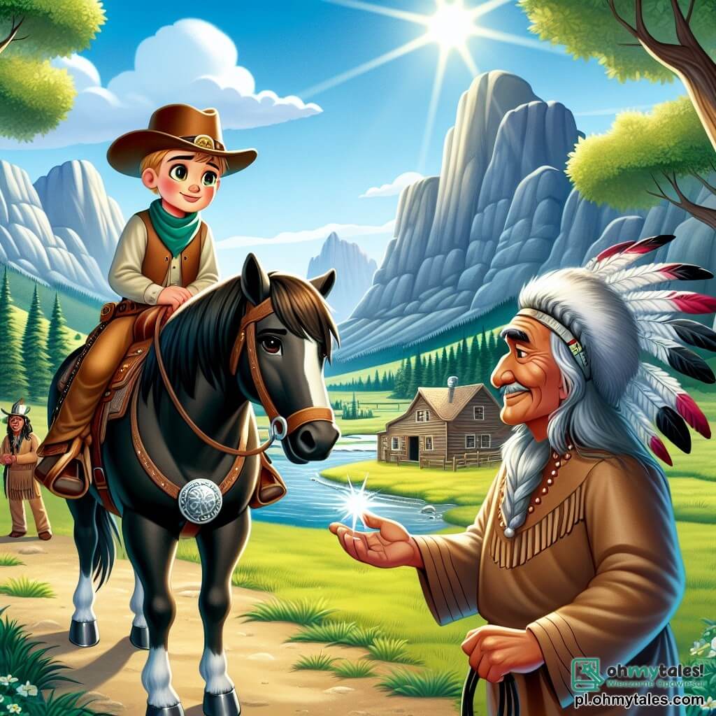 Une illustration sous forme de dessin destinée aux enfants représentant un vaste ranch ensoleillé dans la Crique de la Vallée, avec un jeune garçon cowboy de dix ans, aux cheveux châtains et portant un chapeau de cowboy, chevauchant un magnifique cheval noir nommé Éclair, tandis qu'un vieil Indien sage, avec des plumes dans les cheveux et un regard bienveillant, lui montre une amulette brillante, alors qu'ils se préparent à affronter une sorcière maléfique qui menace leur village, entourés de paysages de prairies verdoyantes et de montagnes majestueuses à l'horizon.