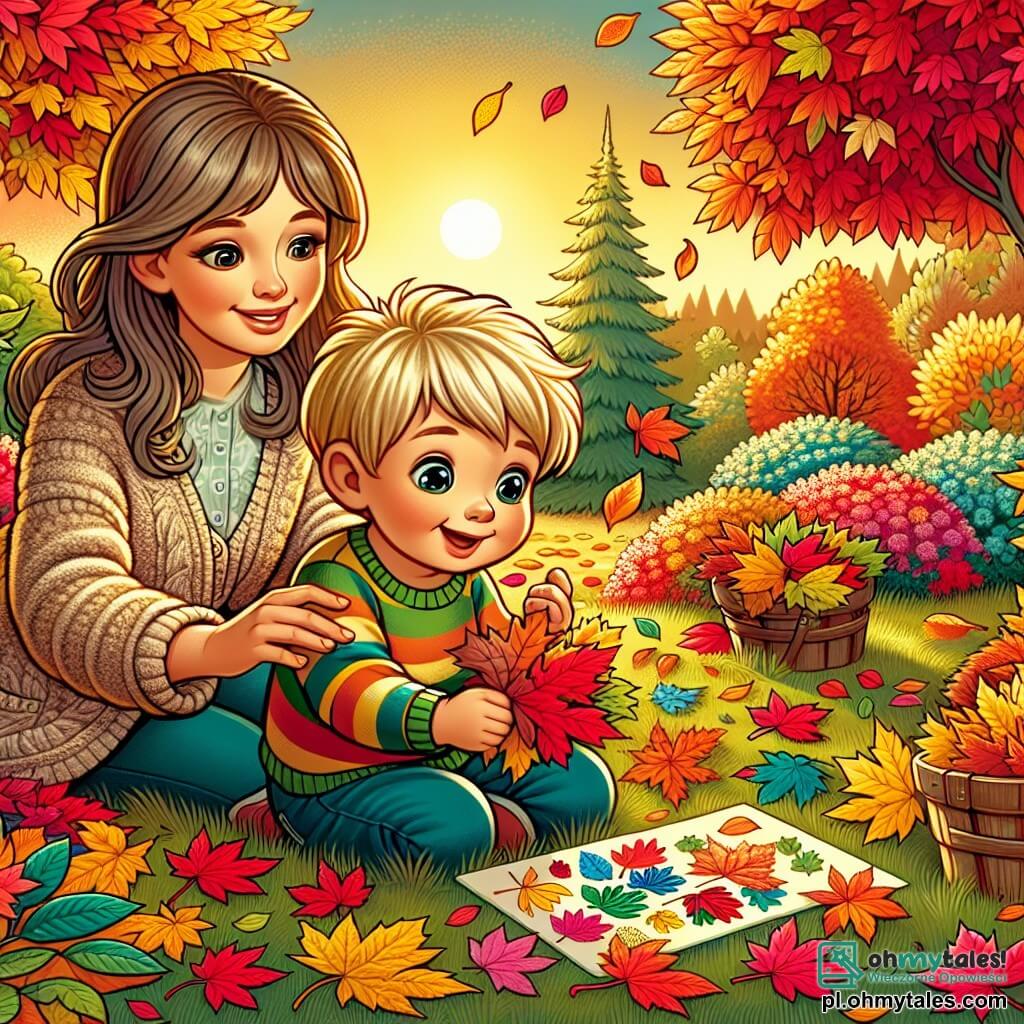 Une illustration sous forme de dessin destinée aux enfants représentant un magnifique jardin d'automne, avec des arbres aux feuilles flamboyantes de rouge, jaune et orange, où un petit garçon de 1 an aux cheveux blonds et aux yeux pétillants, assis sur l'herbe, s'amuse à ramasser des feuilles colorées pour créer un collage, tandis qu'une maman souriante aux cheveux châtains, vêtue d'un pull doux, l'encourage avec tendresse, le tout baigné dans une douce lumière dorée du soleil couchant, évoquant la magie de l'automne.