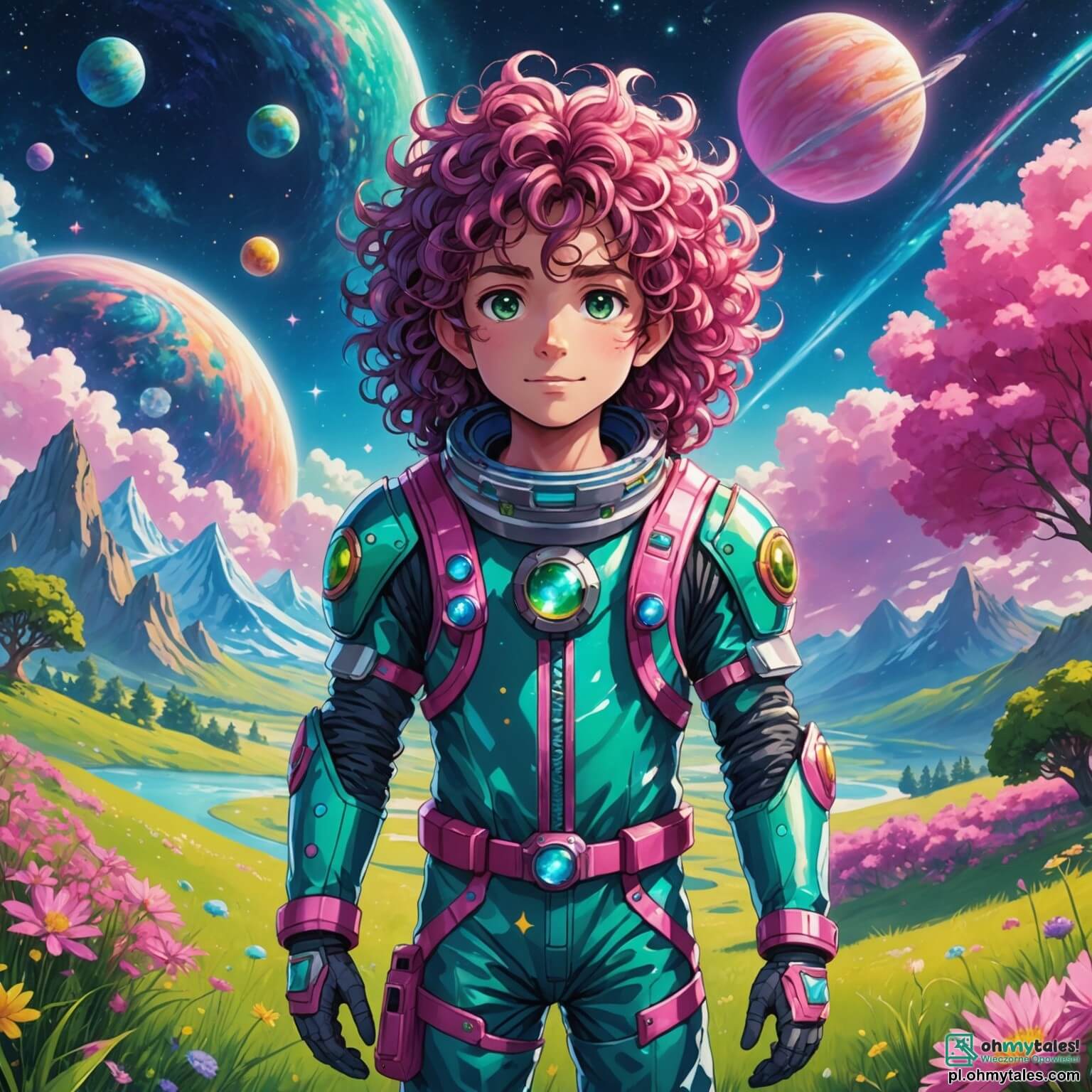Une illustration destinée aux enfants représentant un homme aux longs cheveux bouclés et aux yeux brillants comme des émeraudes, vêtu d'une combinaison spatiale colorée, se tenant émerveillé au milieu d'une planète aux paysages féeriques, où le ciel est d'un rose éclatant et la pelouse d'un bleu vibrant, entouré de créatures joyeuses aux oreilles longues et au pelage multicolore, tandis qu'une étoile scintillante, dotée d'une personnalité chaleureuse et amicale, flotte à ses côtés, lui offrant un voyage intergalactique magique à travers des mondes enchanteurs et des aventures extraordinaires.
