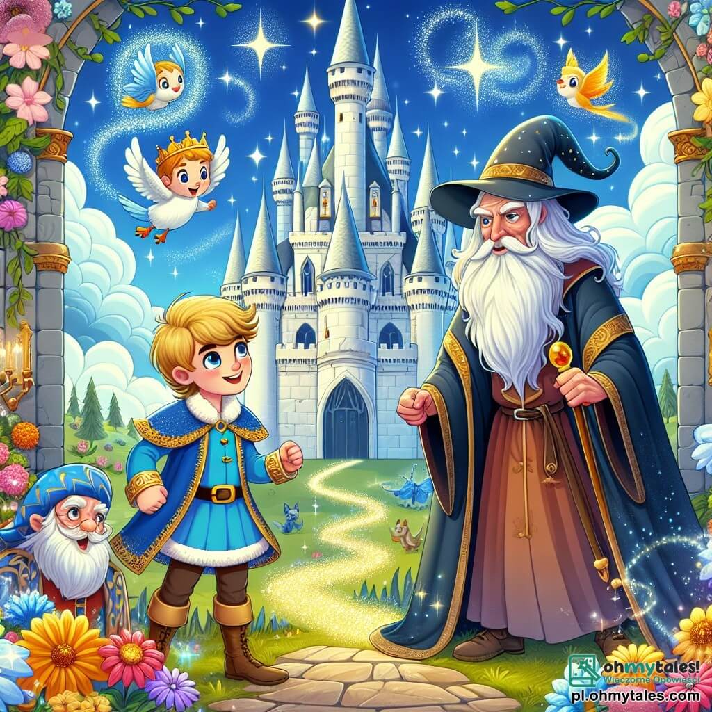 Une illustration sous forme de dessin destinée aux enfants représentant un magnifique château en marbre blanc, entouré de fleurs colorées et d'une forêt enchantée, où un jeune prince courageux aux cheveux dorés et à la tunique bleue se tient fermement, déterminé, face à un vieux sorcier à la longue barbe blanche, vêtu d'une robe sombre, tandis qu'un petit oiseau bleu chante joyeusement sur son épaule, capturant l'instant où le prince défie le sorcier pour sauver son royaume, avec des éclats de magie scintillante dans l'air et des créatures féeriques observant la scène avec curiosité.