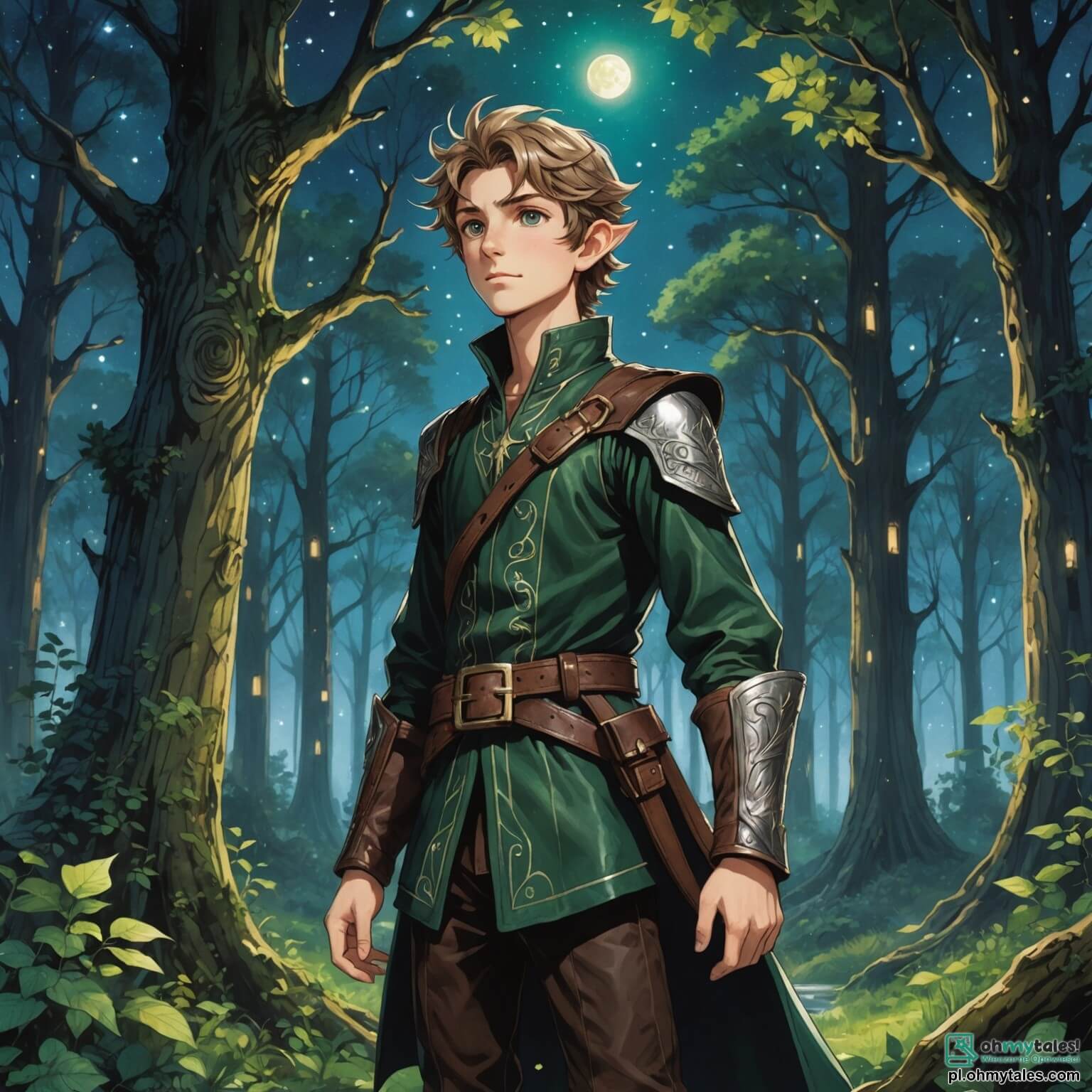 Une illustration destinée aux enfants représentant un jeune homme intrépide aux cheveux ébouriffés et aux yeux pétillants d'aventure, vêtu d'une tunique en cuir usé par le temps, se tenant courageusement à l'orée d'une forêt enchantée où les arbres majestueux aux troncs tordus s'élèvent vers un ciel étoilé, leurs feuilles scintillant comme des émeraudes sous la lumière de la lune, tandis qu'à ses côtés, une elfette gracieuse aux oreilles pointues et aux longs cheveux dorés, vêtue d'une robe de fleurs luminescentes, l'encourage à explorer les mystères d'un royaume mythique peuplé de créatures fabuleuses, où des légendes anciennes murmurent à travers les bruits du vent et les rivières scintillantes serpentent entre des rochers couverts de mousse, tout en étant confrontés à un dragon aux écailles d'argent qui veille sur un trésor caché, prêt à défendre son domaine contre quiconque oserait troubler sa paix.