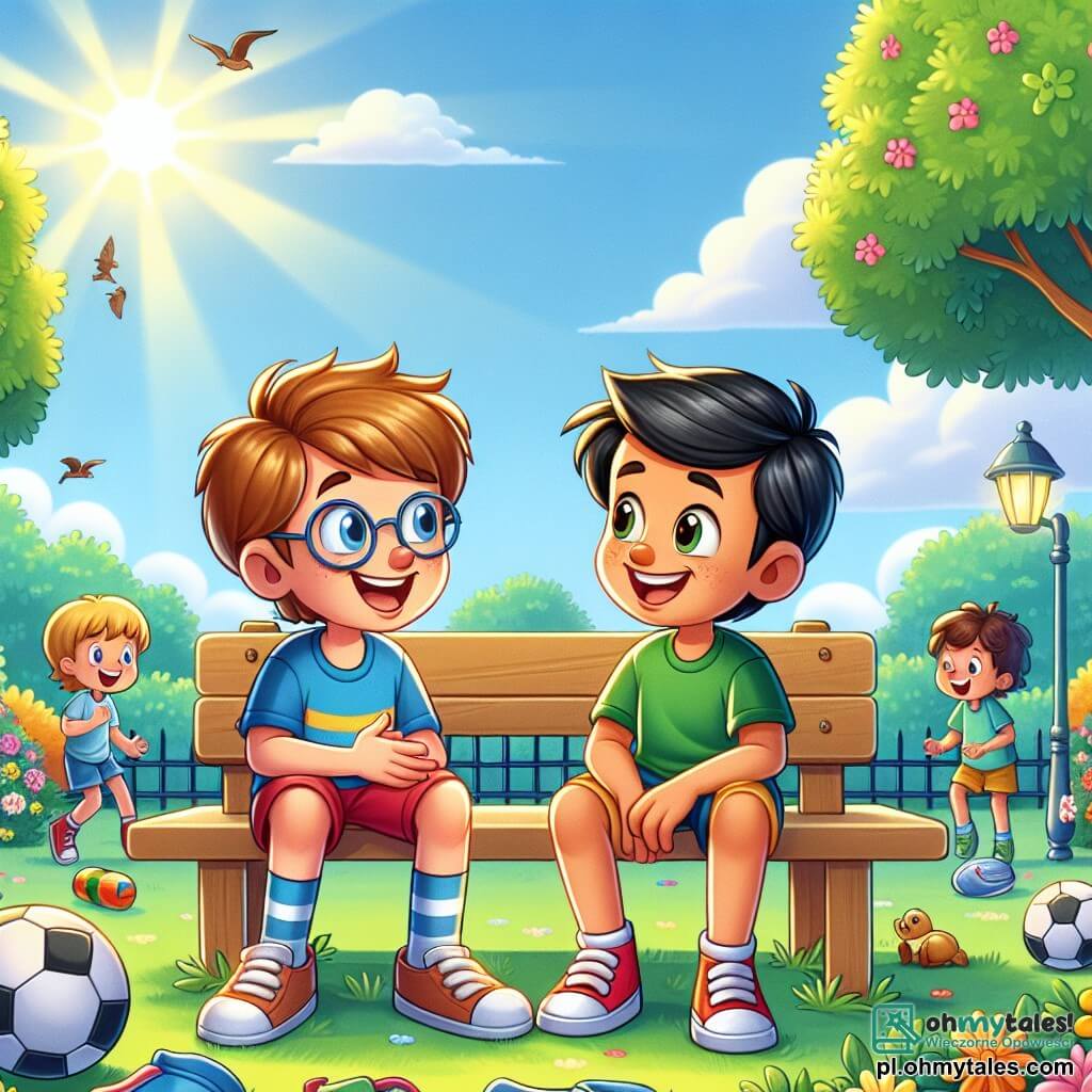 Ilustracja przedstawiająca słoneczny park, wypełniony bujną zielenią i kolorowymi kwiatami. W centrum dwóch ośmioletnich chłopców, jeden z brązowymi włosami i okularami, w niebieskiej koszulce i czerwonych szortach, a drugi z czarnymi włosami i promiennym uśmiechem, w zielonej koszulce i żółtych szortach, siedzi na drewnianej ławce. Entuzjastycznie wymieniają się pomysłami, otoczeni piłkami do futbolu i zabawkami rozsianymi wokół nich. Scena uchwyca moment bliskości, w którym dwaj przyjaciele rozmawiają o swoich "sekretach przyjaźni", aby rozwiązać konflikty z rodzicami. W tle dzieci bawią się i śmieją, podczas gdy ptaki śpiewają w drzewach. Jasnoniebieskie niebo i kilka białych chmur dodają lekkości radosnej atmosferze.