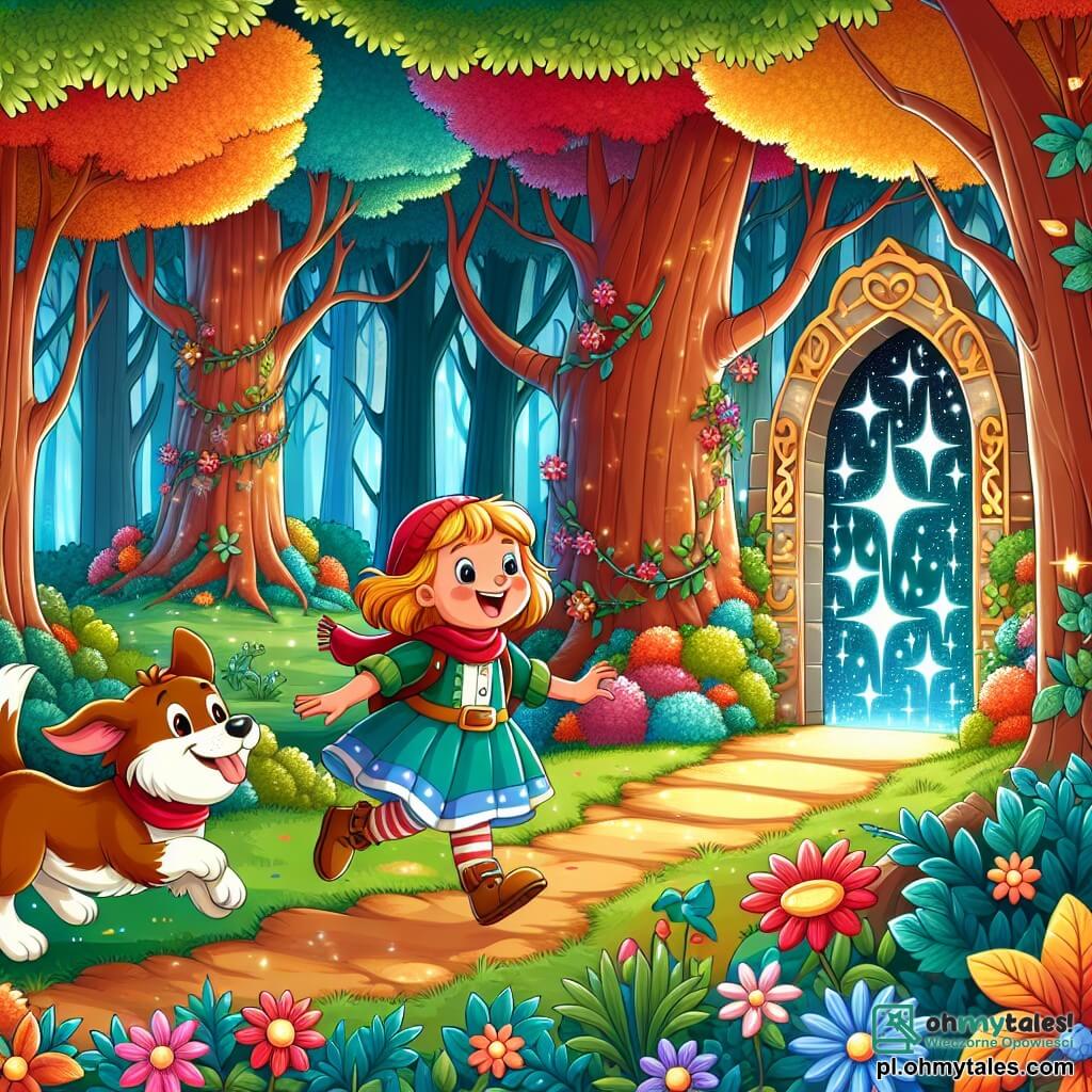 Une illustration sous forme de dessin destinée aux enfants représentant une forêt enchantée, avec de grands arbres aux feuilles colorées et des fleurs éclatantes, où un chien à la fourrure brune et une tache blanche sur le ventre, portant un foulard rouge, joue joyeusement aux côtés d'une petite fille aux cheveux blonds, vêtue d'une robe colorée, alors qu'ils découvrent ensemble un chemin mystérieux menant à une porte magique scintillante, symbolisant leur quête d'aventures et d'amitié dans un monde féerique.