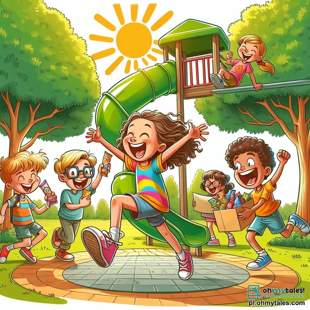 Une illustration sous forme de dessin destinée aux enfants représentant un parc ensoleillé avec des arbres verdoyants et un grand toboggan coloré, où une fille de 11 ans aux cheveux bruns et bouclés, vêtue d'un t-shirt coloré et d'un short, rit aux éclats en dansant au milieu d'un groupe de ses amis, dont un garçon aux cheveux blonds en train de faire des grimaces, une autre fille avec des lunettes et un carnet de dessin à la main, et un garçon aux cheveux bruns qui tient une grande boîte de bonbons, tous riant ensemble après avoir trouvé un trésor caché, symbolisant l'amitié et les aventures amusantes.