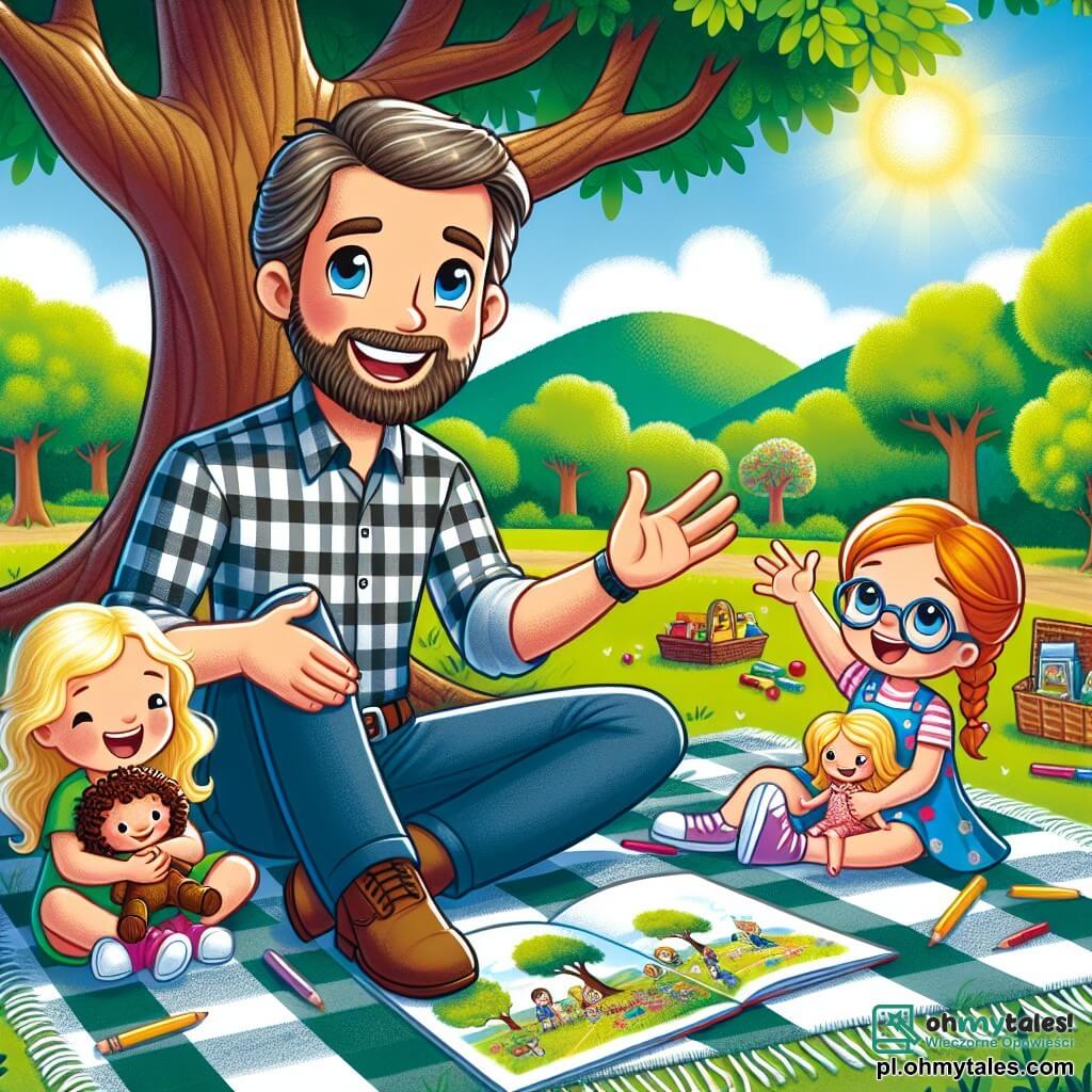 Une illustration sous forme de dessin destinée aux enfants représentant un parc ensoleillé avec des arbres verdoyants et un grand chêne au centre, où un homme souriant aux cheveux bruns et à la barbe soignée, vêtu d'une chemise à carreaux, est assis sur un plaid avec des enfants autour de lui, dont une fille aux cheveux blonds tressés qui tient une poupée, tandis qu'un garçon aux lunettes et aux cheveux bouclés montre un dessin de leur quête pour retrouver la poupée perdue, illustrant l'esprit d'entraide et d'amitié dans une ambiance joyeuse et colorée.