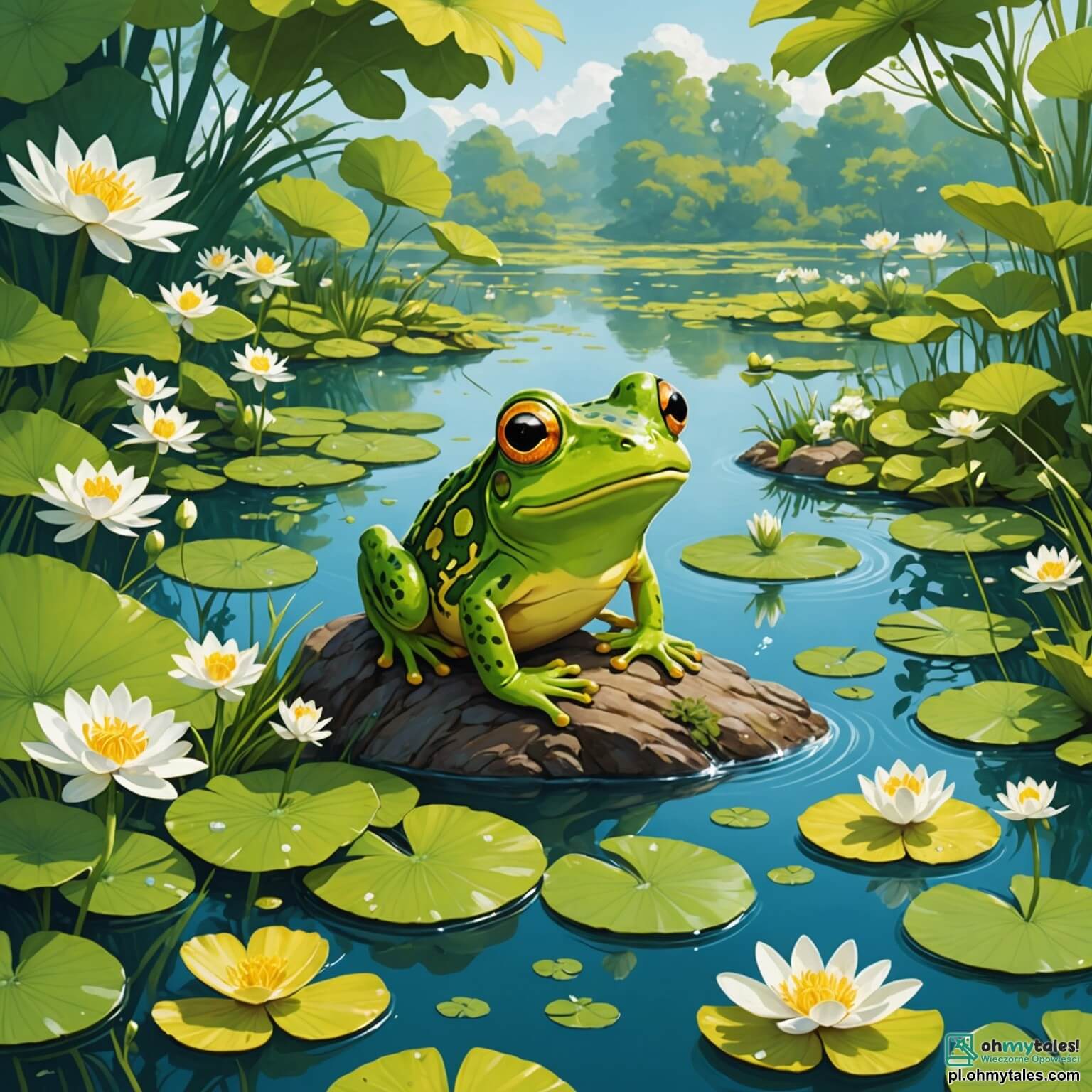 Une illustration destinée aux enfants représentant une grenouille espiègle aux yeux pétillants et à la peau d'un vert éclatant, sautillant joyeusement au bord d'un stérile stang, entourée de nénuphars aux fleurs blanches et jaunes qui dansent doucement sur l'eau, tandis qu'un groupe de ses amis, dont une sage chouette perchée sur une branche, un rusé renard aux poils flamboyants et une tortue joyeuse au carapace ornée de motifs colorés, se rassemblent pour organiser une compétition de sauts hilarants, le tout sous un ciel bleu azur parsemé de nuages cotonneux et au milieu d'un forêt luxuriante où les rayons du soleil filtrent à travers les feuillages, créant une ambiance magique et pleine de rires.