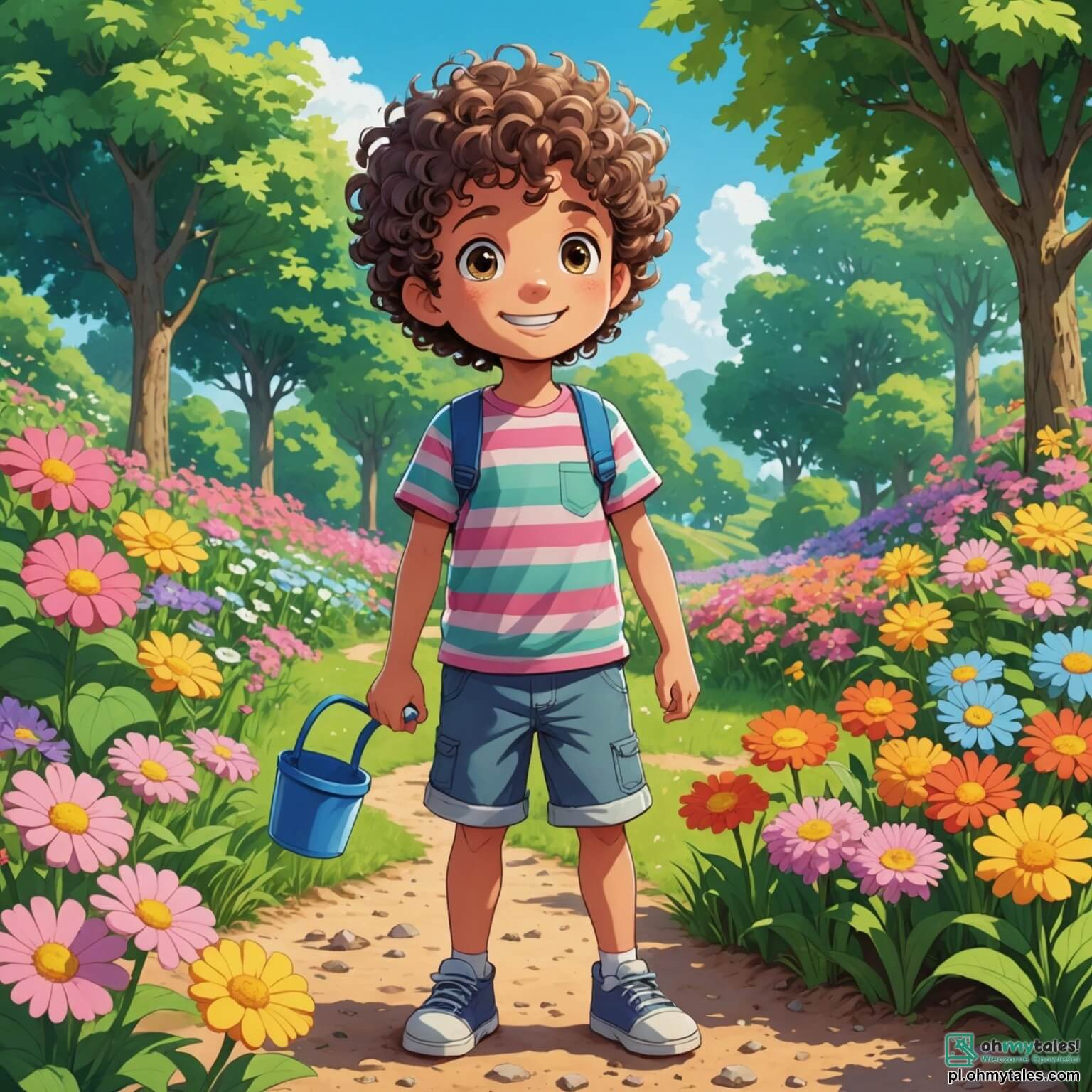 Une illustration destinée aux enfants représentant un petit garçon aux cheveux bouclés et aux yeux pétillants, vêtu d'un t-shirt rayé coloré, se tenant joyeusement au milieu d'une vaste cour ensoleillée, entourée de fleurs multicolores et de grands arbres aux feuilles verdoyantes, alors qu'il s'apprête à construire un majestueux château de sable avec ses amis, une fille à la robe rose aux cheveux longs et brillants, un garçon à la casquette bleue et une nouvelle camarade à la peau dorée, tous unis par leur créativité et leur enthousiasme, célébrant ainsi la beauté de la diversité à travers leurs idées et leurs talents uniques.