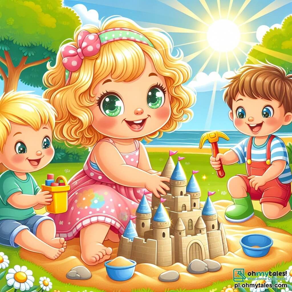 Une illustration sous forme de dessin destinée aux enfants représentant un coloré et animé parc de jeux ensoleillé, où une petite fille de 3 ans aux boucles dorées et au sourire éclatant, vêtue d'une jolie robe rose, est en train de construire un majestueux château de sable avec ses amis : un garçon aux cheveux blonds et aux yeux pétillants, qui porte un t-shirt bleu et qui l'aide à empiler le sable, et un autre garçon en rouge avec une pioche à la main, prêt à ajouter des détails amusants au château, tandis qu'un autre enfant aux grandes chaussures vertes observe avec curiosité, le tout entouré de rires et de joie, symbolisant l'amitié et la créativité.