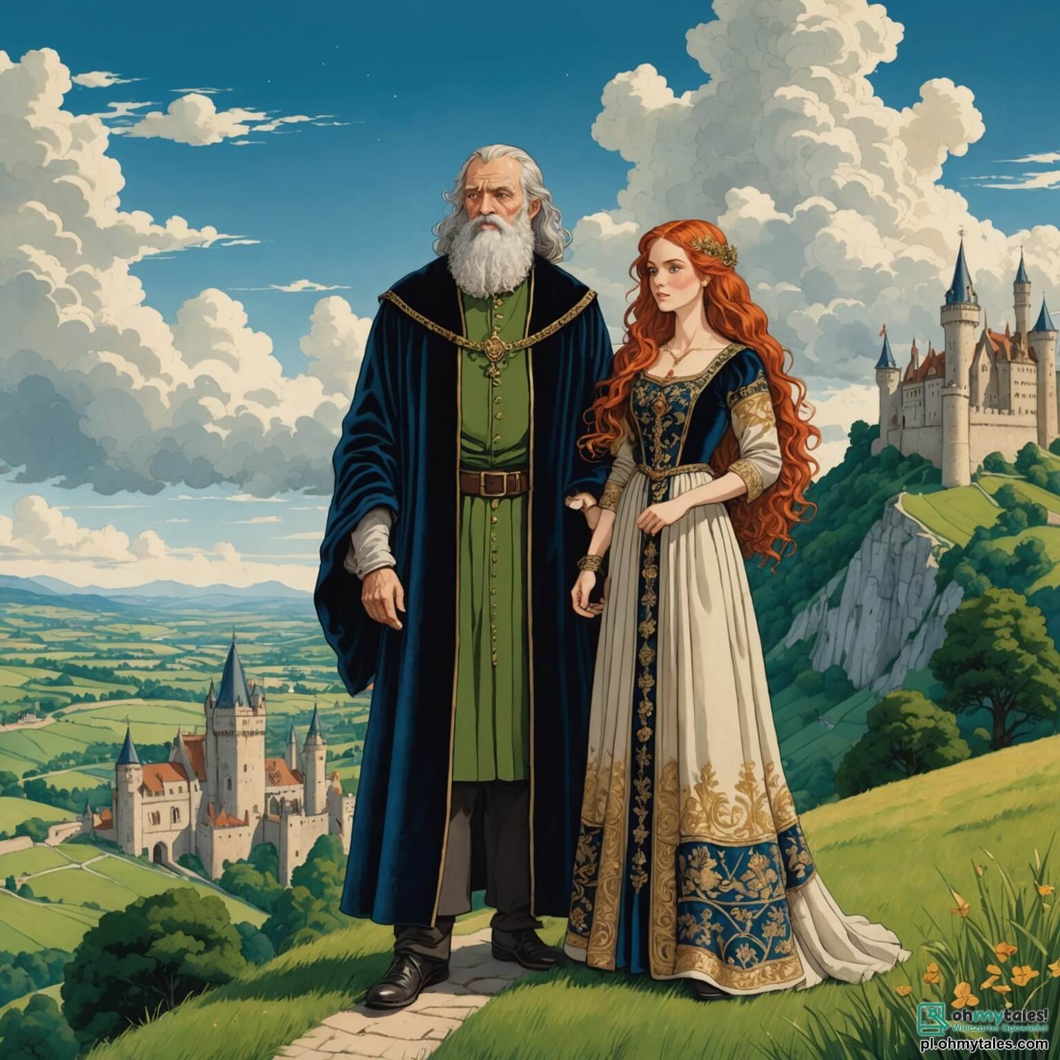 Une illustration destinée aux enfants représentant une jeune femme à la chevelure flamboyante, drapée dans une robe en velours bleu nuit ornée de broderies dorées, se tenant fièrement au sommet d'une colline verdoyante surplombant un ancien royaume médiéval, où des châteaux majestueux aux tours élancées se dressent contre un ciel d'azur parsemé de nuages cotonneux, tandis qu'à ses côtés se tiennent un sage vieil homme à la barbe argentée, portant une tunique en lin beige, et un courageux jeune garçon aux yeux pétillants d'aventure, vêtu d'une armure en cuir usé, tous trois unis dans une quête épique pour retrouver un artefact magique perdu dans les profondeurs d'une forêt enchantée, où les arbres millénaires murmurent des secrets oubliés et où des créatures fantastiques veillent sur les mystères du passé.