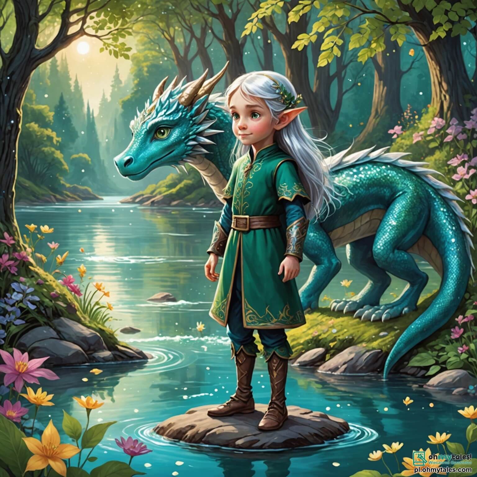 Une illustration destinée aux enfants représentant une petite elfe aux longs cheveux argentés scintillant comme des étoiles, avec des yeux verts pétillants de curiosité, se tenant au bord d'une rivière étincelante, entourée de fleurs aux couleurs éclatantes et de grands arbres majestueux dont les feuilles dansent au gré du vent, alors qu'elle s'apprête à aider un jeune dragon turquoise, aux écailles brillantes et aux yeux doux, qui s'est égaré dans ce monde enchanteur, où la magie des créatures fantastiques et les murmures des animaux se mêlent à la mélodie du chant des oiseaux, tout cela se déroulant dans un forêt mystérieuse et lumineuse, pleine de secrets et de merveilles, où la lumière du soleil filtre à travers les branches, créant des ombres dansantes sur le sol tapissé de mousse et de fleurs sauvages.