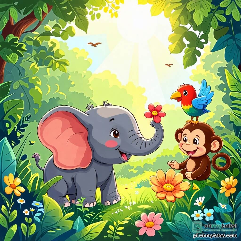 Une illustration sous forme de dessin destinée aux enfants représentant une scène ensoleillée dans une forêt verdoyante, où un petit éléphant aux grandes oreilles et à la peau grise, penché avec curiosité, admire un magnifique et coloré fleur, tandis qu'à ses côtés, une joyeuse petite maïpka aux poils bruns et un oiseau aux plumes éclatantes de couleurs vives, tous deux souriants, partagent ce moment d'émerveillement et de protection de la nature.